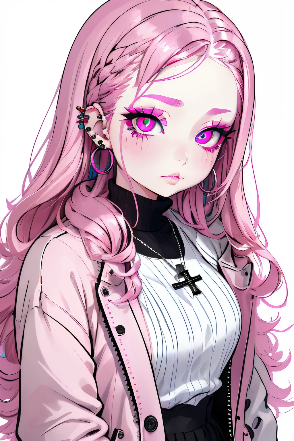 rainbow, 1girl in, Solo, Long hair, Looking at Viewer, Blue eyes background, White background, Jewelry, Closed mouth, Jacket, Upper body, Pink hair, earrings, Pink eyes, Necklace, From Side, Sweaters, Lips, Eyelashes, makeup, Wavy Hair, Piercing, Cross, lip stick, ear piercings, eyeshadows, hoop earrings, Pink lips, multicolored eyes, Pink Theme, , Pink Eyeshadow,