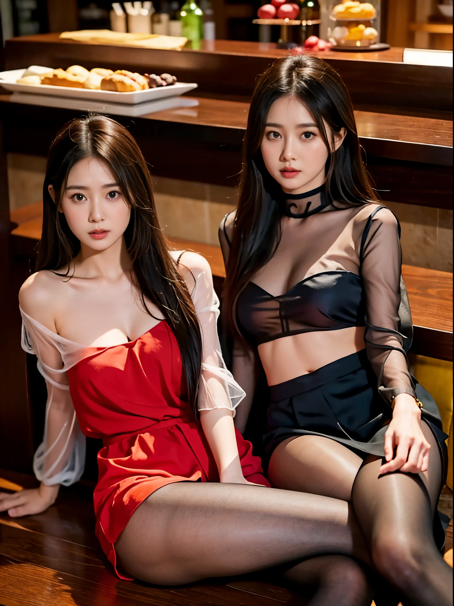 ulzzang -6500-v1.1, (Raw photo:1.2), (Photorealsitic), (See-through:1.3), (Real:1.4), upper class bewitching woman、１femele、luxury silk blouse:1.2, (Ultra-realistic pantyhose:1.2), No skirt、small luxury lace panties、Pantyhose Focus、Sit at the bar counter、Cross your legs、Inviting look、