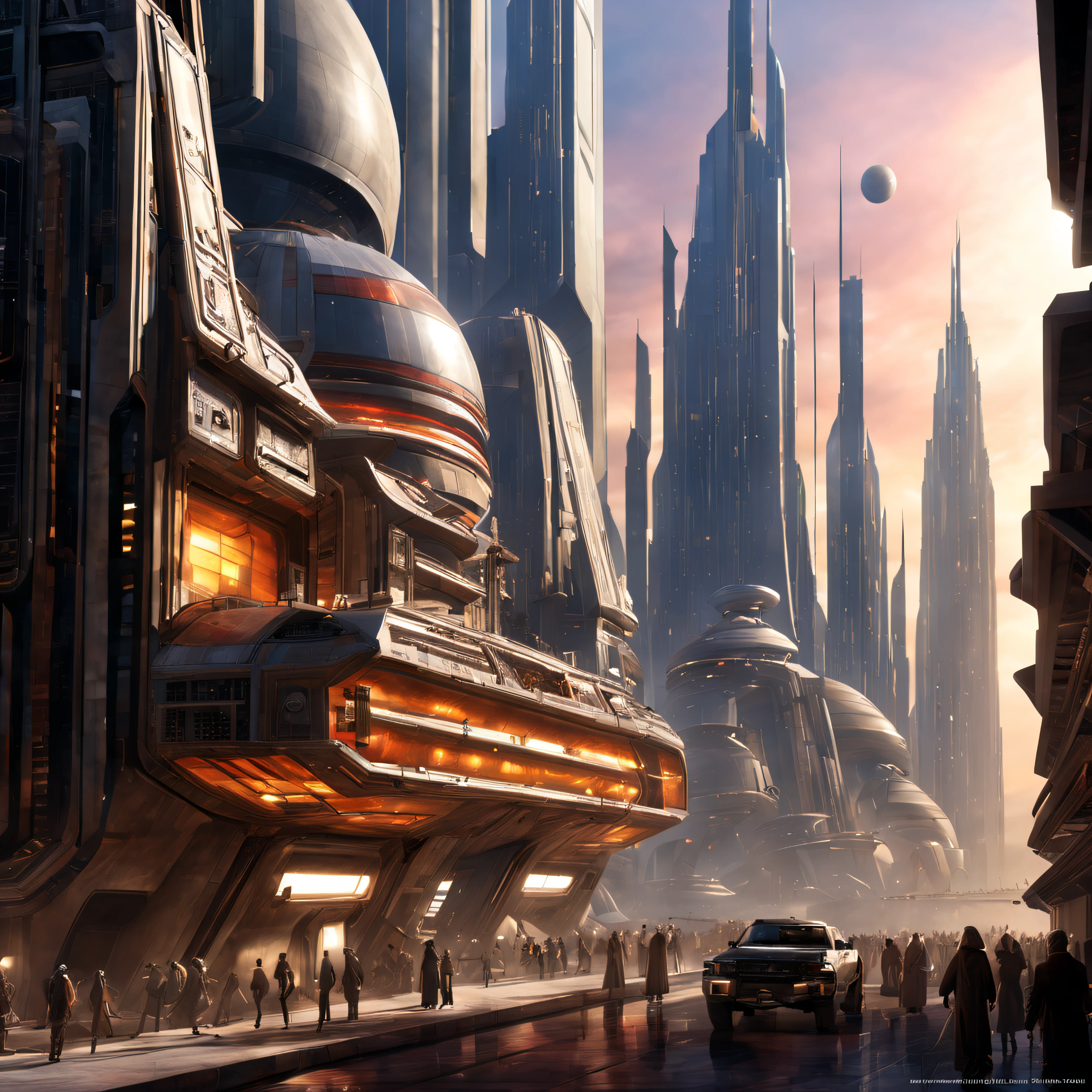 (The city of Coruscant from Star Wars as designed by Doug Chiang), futuristic fantasy city with immense buildings of technological design (que forman una avenida infinita), edificios compactor no difuminados con aspecto metalico, luces en ventanas en edificios, iluminacion diurna con sol, con estructuras acristaladas espectaculares, (con colores vivos). pavimento ensolado (sin brillo). gente paseando. imagen bien definida con muchos edificios juntos. imagen nitida bien definida 8k. los edificios llegan alta el fondo.,8k. imagen cinematografica