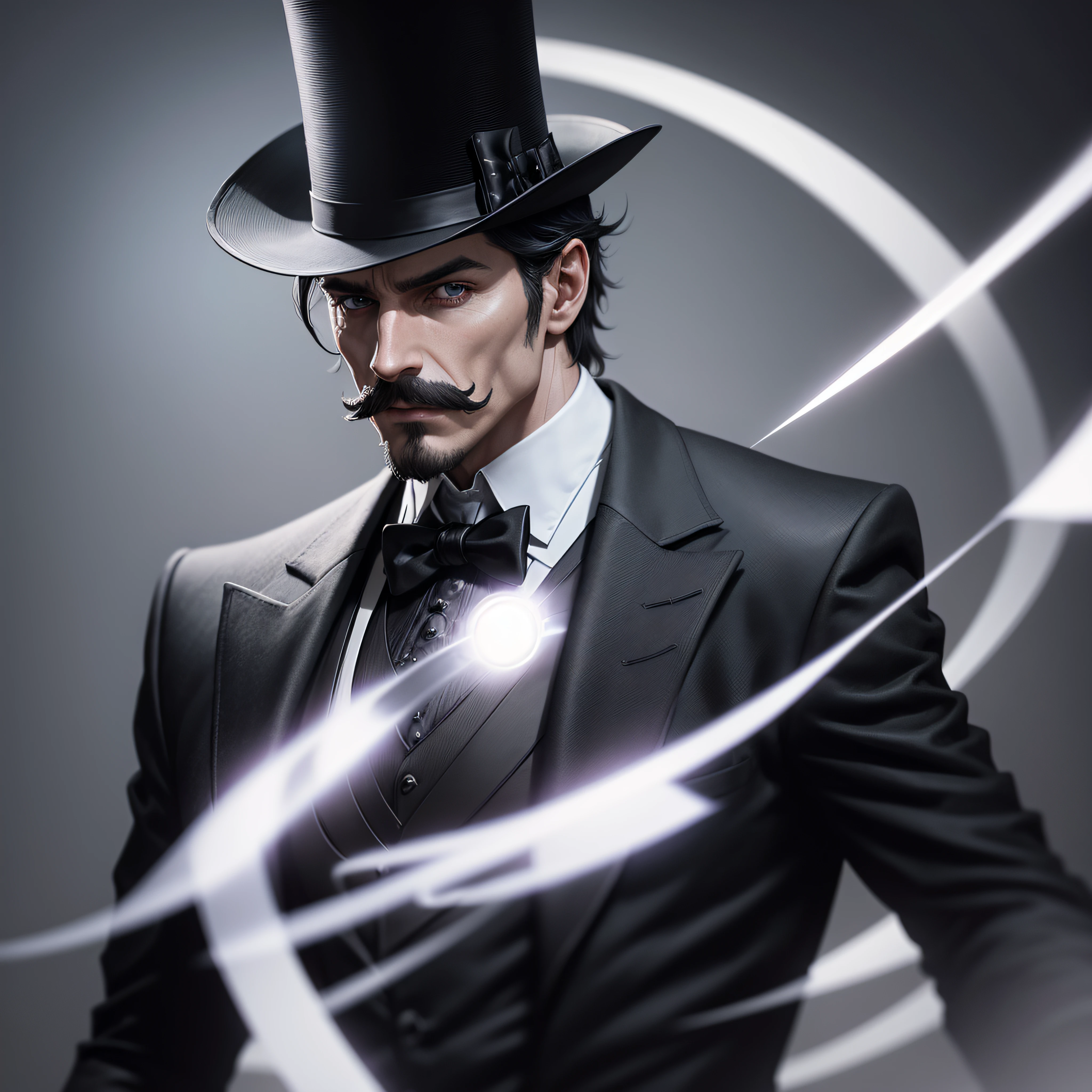 Male Magician in top hat, black suit, black cape, pencil thin mustache, photo-realistic, octane render, unreal engine, ultra-realistic
