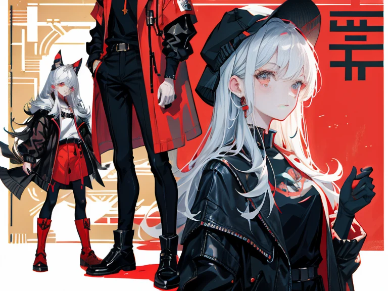 1girll，A tall man，long legged，Red Eyes，short red hair，Red headphones，Red trench coat，black cloth tape，red windproof boots，stand up，One hand crosses the waist，Chest，Dark Face，Fierce eyes，domineering，warn，top-quality，4K，chinese girl design，Genshin Detailed Art，anime character design，anime concept art，pretty anime character design，anime character reference sheet，[character designs]