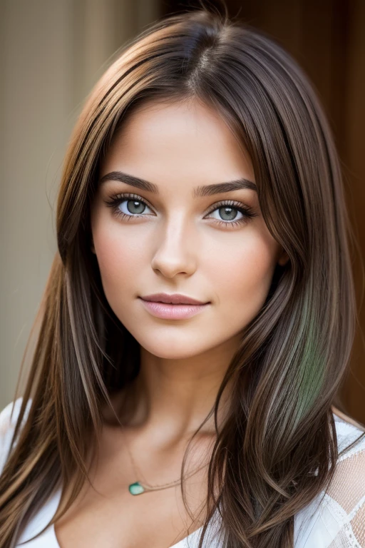 Portrait frontal photoréaliste d&#39;une belle jeune femme (5 ans), brune aux yeux verts. 8k, Mixeur, Parfait