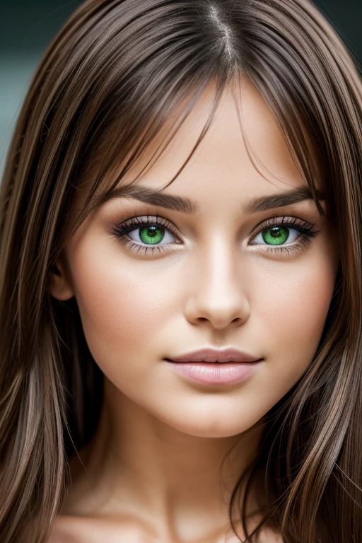 Portrait frontal photoréaliste d'une belle jeune femme (5 ans), brune aux yeux verts. 8k, Mixeur, Parfait