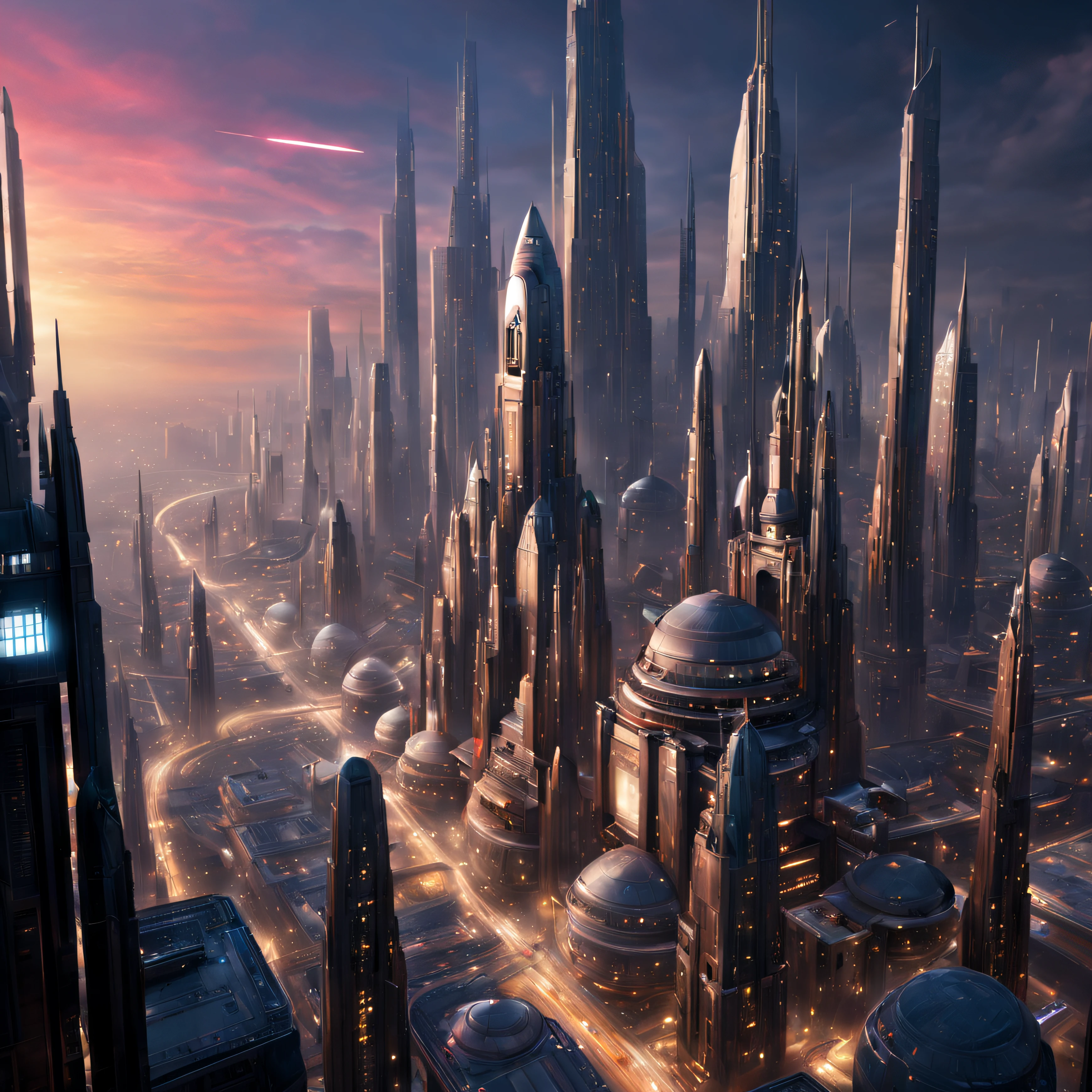 (The city of Coruscant from Star Wars as designed by Doug Chiang), futuristic fantasy city with immense buildings of technological design (que forman una avenida infinita), edificios compactor no difuminados con aspecto metalico, luces en ventanas en edificios, iluminacion diurna con sol, con estructuras acristaladas espectaculares, (con colores vivos). pavimento ensolado (sin brillo). gente paseando. imagen bien definida con muchos edificios juntos. imagen nitida bien definida 8k. los edificios llegan alta el fondo.,8k. imagen cinematografica