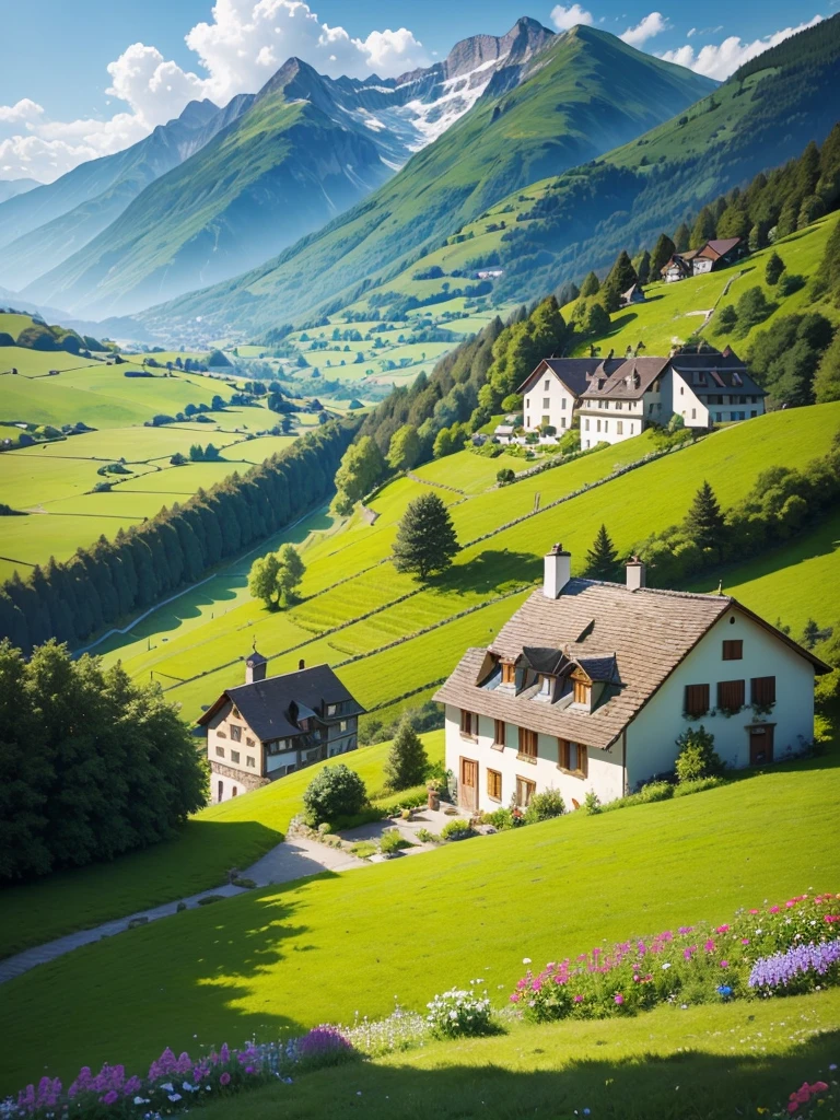 Peaceful and idyllic countryside, Rolling green hills dotted with grazing sheep, Charming villa，Surround yourself with vibrant flowers, clear blue sky overhead, Evoke a feeling of peace and simplicity, Charming valley, switzerland, patches of green fields, lush countryside, Valle exuberante,An idyllic village in Milan,，verdant green fields，above a village，Rolling terraces，Colorful flower garden，Alpine scenery of Swiss countryside under the Alps，Carl Sessel Bern，majestic nature, Swiss architecture, lindo cenario, Rios，waterfall man