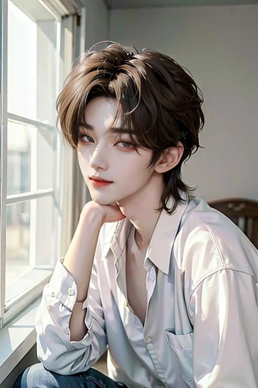 ((4K Portfolio))、master-piece、(最高品質)、((high image quality))、((Manly Boy.))、Slim body、((jeans white shirt))、(detailed beautiful eyes)、windows、Looks like Jaewon from Ru Seraphim..、((Short hair above the ears..))、((Smaller faces))、((Neutral face))、((Light brown eyes))、((Korean Boys))、((20 age))、((Handsome Man))、((A smiling expression on his face..))、((Korean Makeup))、((The eyes are long and sharp..))、((Photos of models))、professional foto、((Shoot alone..))、((Upper body photography))、((Pose style))