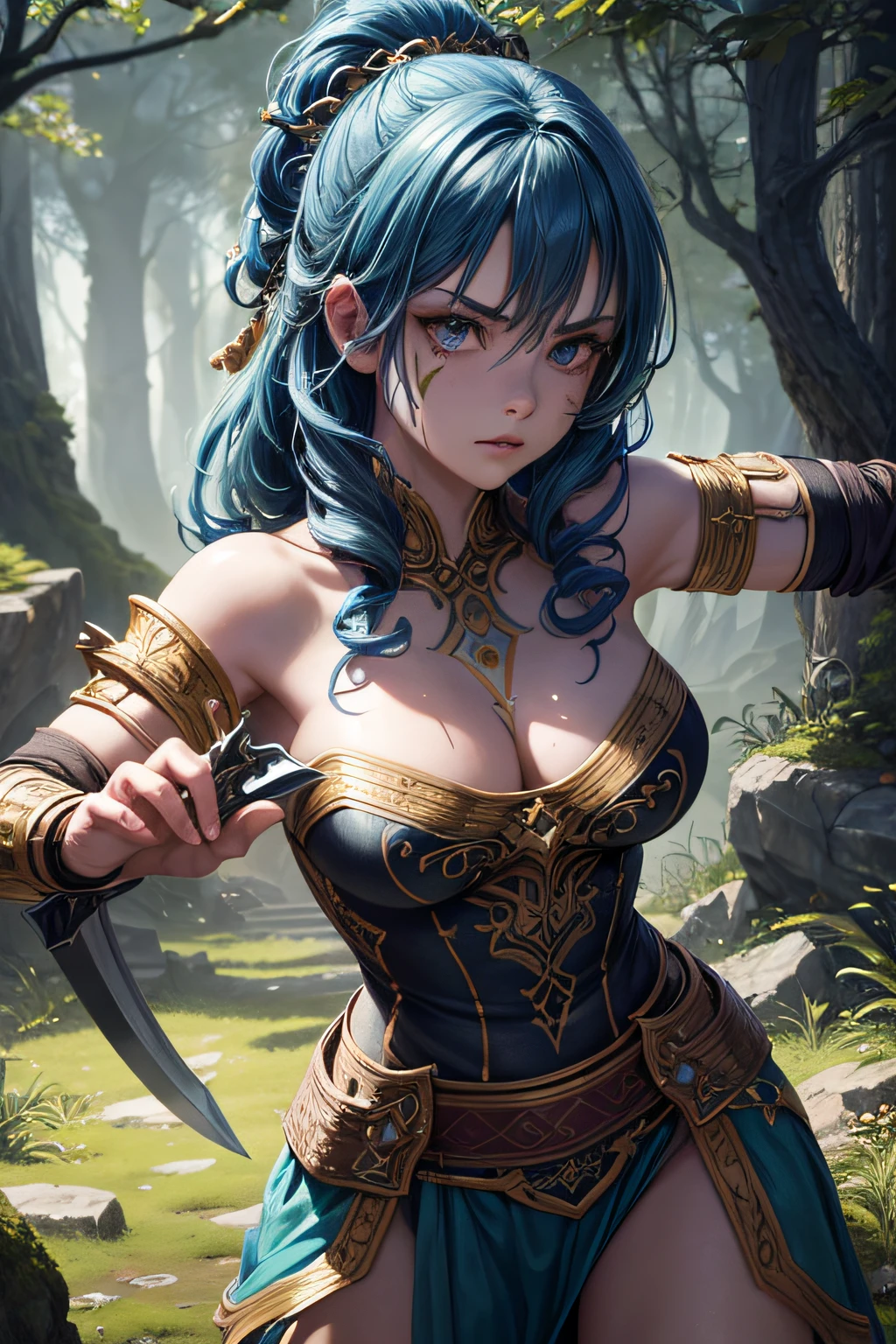 , ancient celtic warrior, evil look,,combat stance, wielding a sword, facepaint, bodypaint, sexi, revealing, naked, highly detailed, ancient forest in background, curly ginger hair, vibrant appearance, creative behavior, extremly detailed, imaginative, sensual, spontaneous, highest quality, skin texture, intricate details, (cinematic lighting), RAW photo, 8k, masterpiece,best quality,ultra-detailed,very detailed illustrations,extremely detailed,intricate details,highres,super complex details,extremely detailed 8k cg wallpaper,