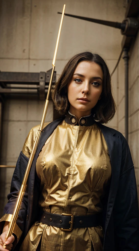 Realistic detail, photography, surreal image, Subject is women, beautiful face, 70s make up, subject is Master of mystical art, wearing Industrial Revolution age uniform, living in cyberpunk age, perspective low angle view, holding an shining golden staff,