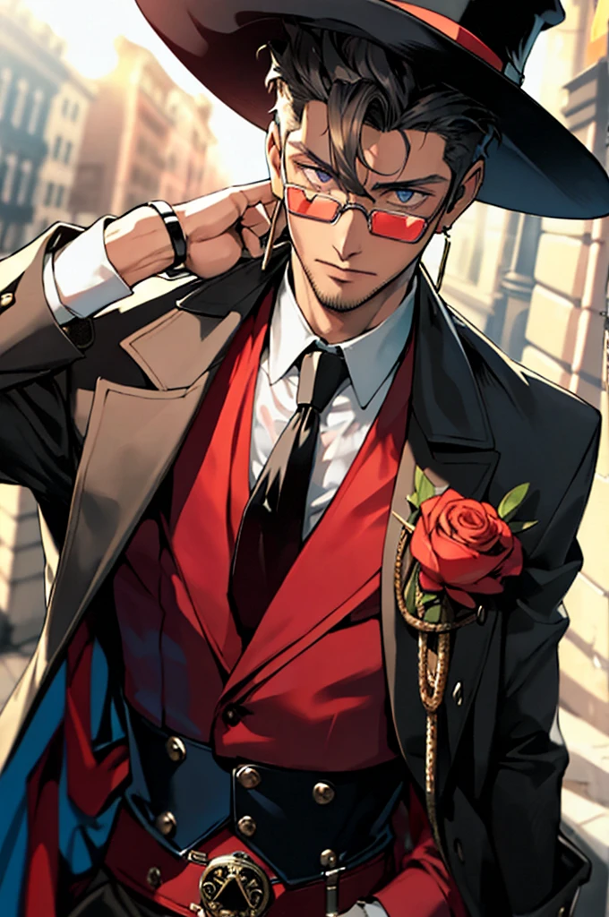 masterpiece,best quality,(1man:1.3), 25 years old,short hair,colored tips,curly hair,colored glasses,earings,gun,tie,topless,corset,mafia style,handcuffs,wrap coat,street,Close-up,from above,(dutch angle, fisheye),lens flare,depth of field