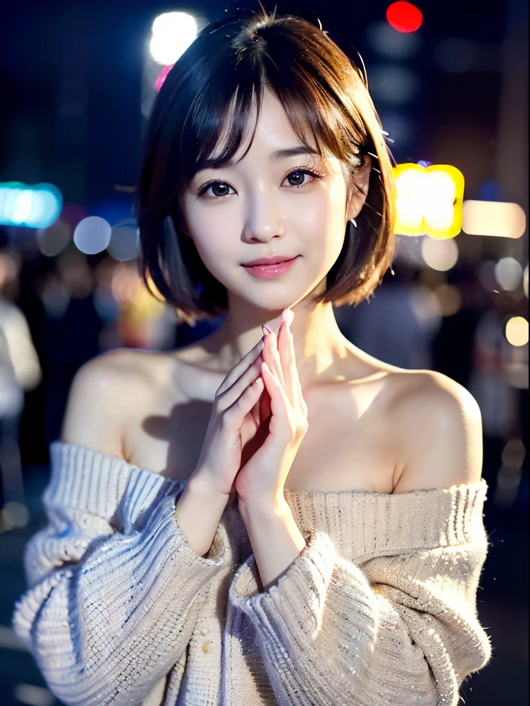 (realisitic、Photorealsitic:1.37)、(8K、Raw photography、top-quality、masterpiece:1.2)、Very cute woman、ultra-detailliert、Heart-shaped pupil、physically-based renderingt、超A high resolution、Kodak Vision Color、Captured with an Arricam LT camera、bokeh dof、foco nítido、(((Correct anatomy:1.2)))、((((Beautiful and cute Japan people_年轻_Idol)))), ((naked over sweater:1.4)), ((In the city, In the middle of a crowd:1.5)), (((Blunt bangs))), hyper realisitic, Overly detailed, best realistic, perfectquality, perfect anatomia, Professional Photography, (((symmetry,double-edged eyelid))), (((8K, 16 K))) cinematic photography, Pretty_Smile, ((Idol_Face:1.6)), (((Professional Photography))), (Night Background Effects:1.6), ((Background of the metropolitan area:1.3))