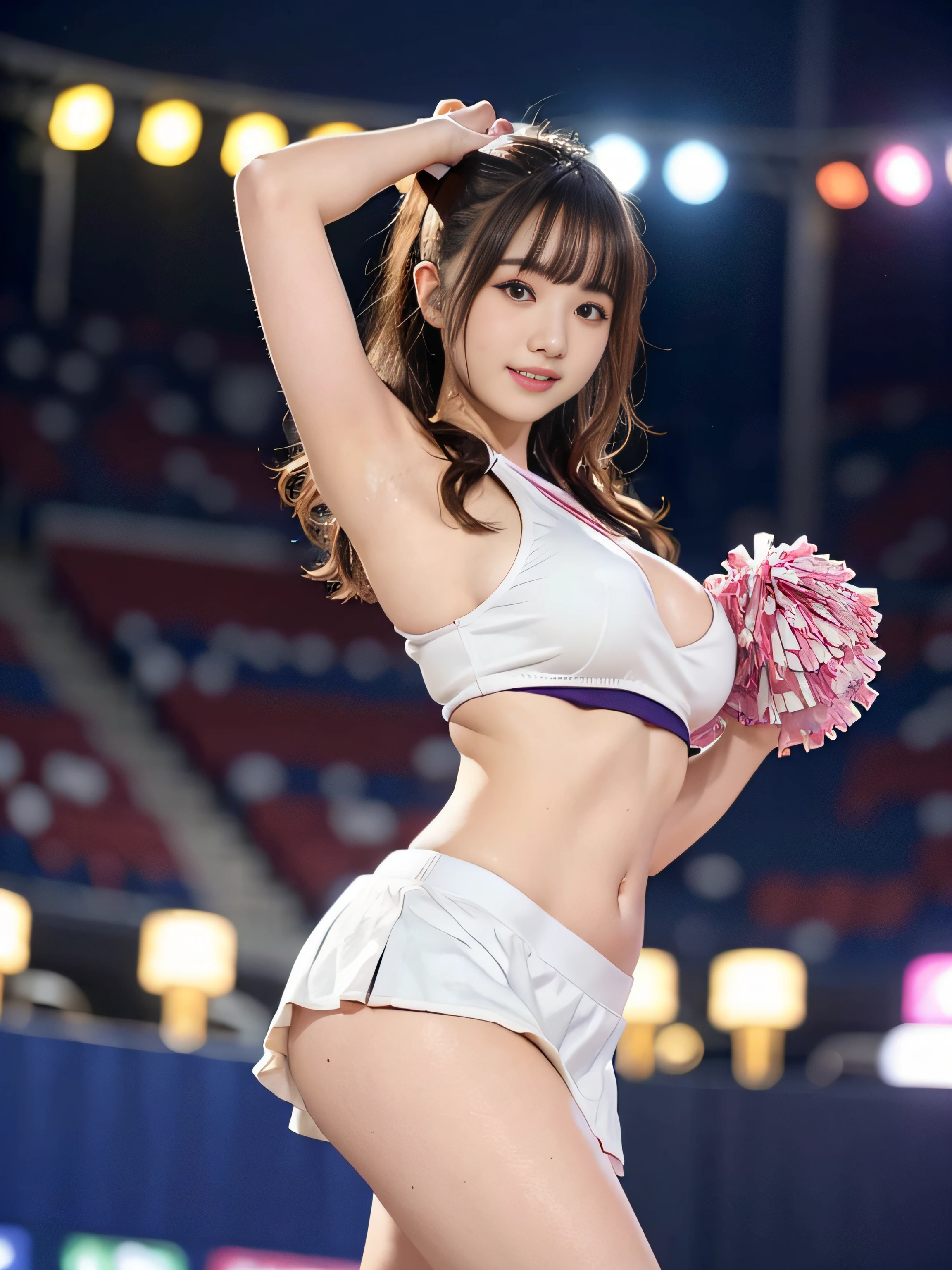 cheerleaders、Colorful cheering costumes、The navel is visible、Short Skirt Lift、big pom pom loop panties、NSFW、Raise one leg high to cheer、(((Highkick:1.3)))、Low angle full shot、Below the shot loam at ground level、High and wide sky、The audience seats are full、1 Japan Girl、Put your hands behind your head to show your armpits、(8K、top-quality、​masterpiece:1.3)、Golden Ratio Face、Best smile looking at the camera、Medium chest、(layers-Cut、tits out:1.2)、Brown Medium Bob Curl Hair、Professional Writing、Stadium at night、Blurred light、Nogizaka Idol 、hposing Gravure Idol、