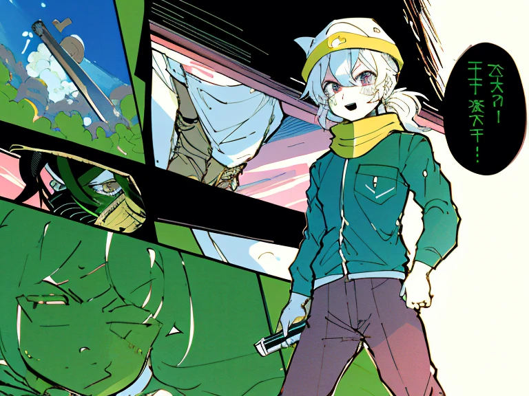 supreme， green down jacket，lime color hair，pink eyes，Standing on your feet，submachine gun，Detailed Genshin graphics，1girl in,