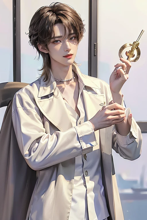 ((4K Portfolio))、master-piece、（最高品質)、((high image quality))、((Manly Boy.))、Slim body、((white denim shirt))、(detailed beautiful eyes)、windows、He looks like Jaewon from Ru Seraphim...、((Short hair above the ears...))、((Smaller faces))、((Neutral face))、((Light brown eyes))、((Korean Boys))、((20 age))、((Handsome Man))、((A smiling expression on his face...))、((Korean Makeup))、((The eyes are long and sharp...)) ((In the hand holding a magic wand))、((Photos of models))、professional foto、((Shoot alone...))、((Upper body photography))、((Pose style))