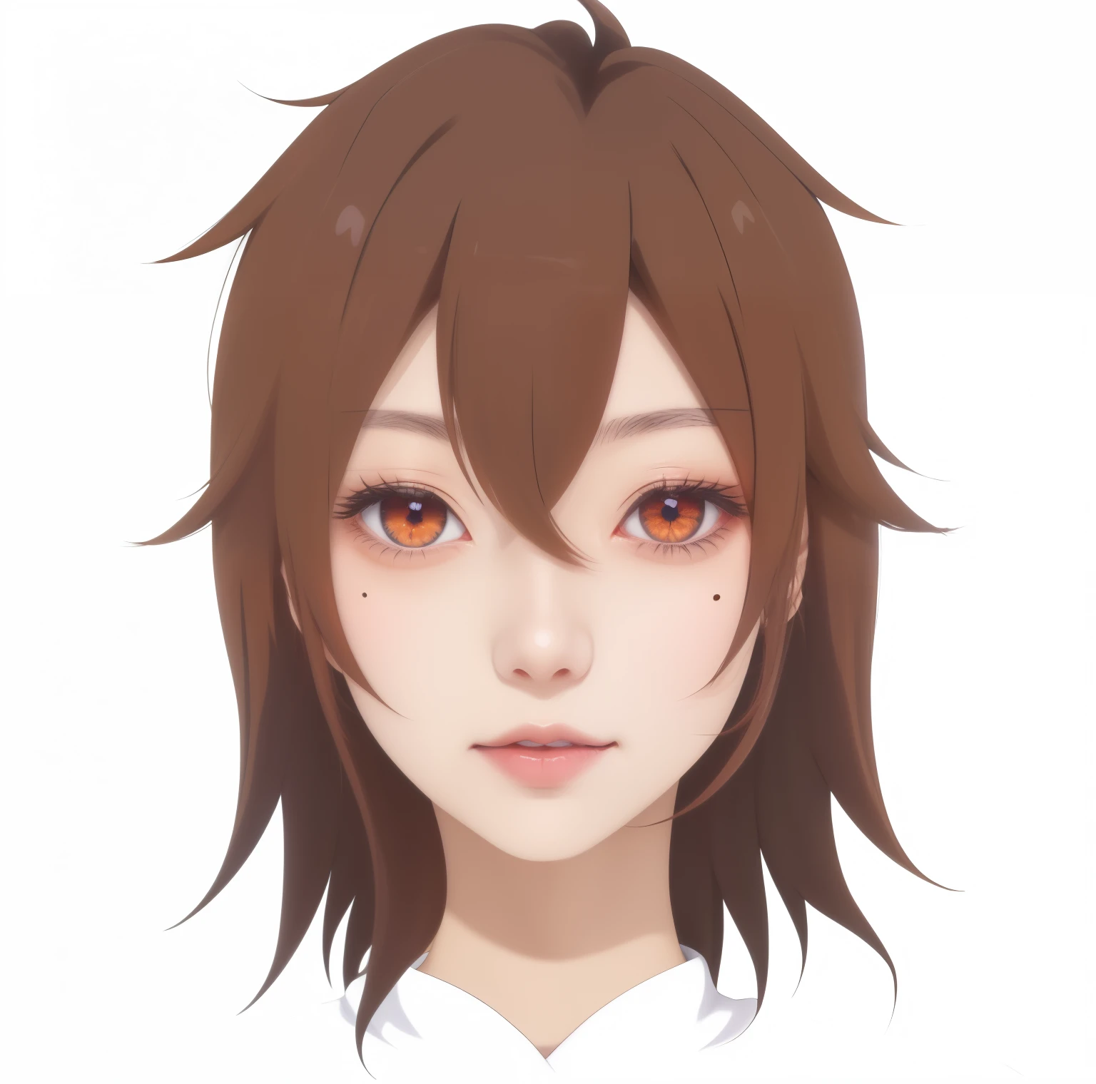 Anime girl with orange eyes and brown hair, Sayori, Wataru Kajika, Anime-Frau-Kopfschussprofil, als Anime-Charakter, tsukasa dokite, Male anime character, Anime-Charakter, orange - haariger anime-junge, Junger Anime-Mann, ( ( ( yoshinari yoh ) ) ), Perfektes Anime-Gesicht, auch, Anime Gesicht, Detailliertes Anime-weiches Gesicht, mole on right cheek under the eye