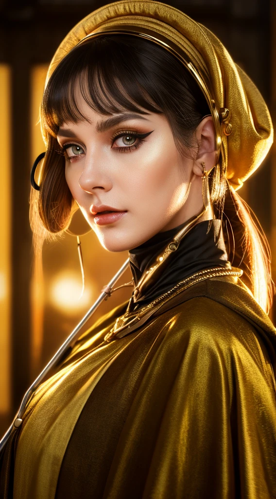 Realistic detail, photography, surreal image, Subject is women, beautiful face, 70s make up, subject is Master of mystical art, wearing Industrial Revolution age attire, living in cyberpunk age, wide perspective low angle view, holding an shining golden staff,