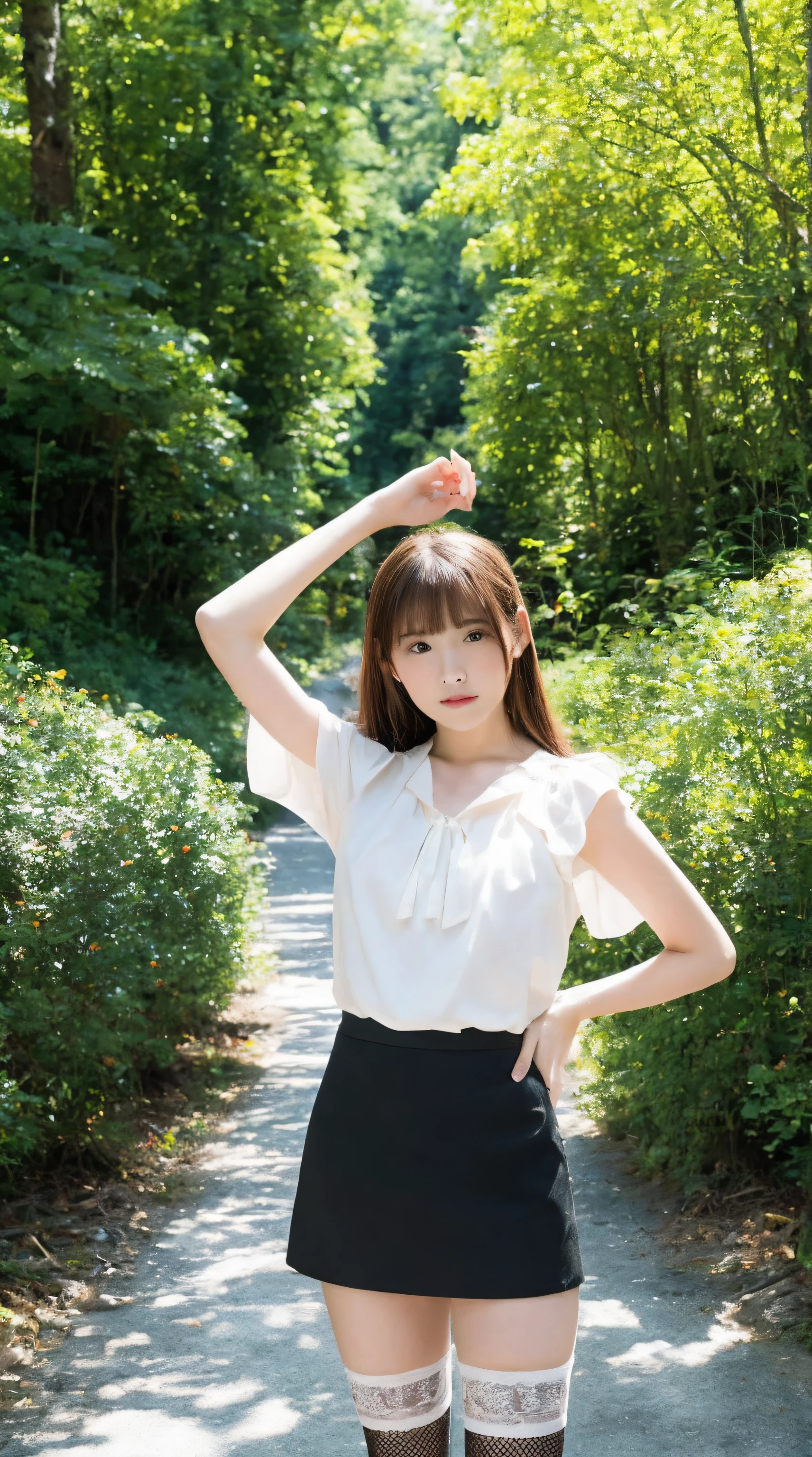 (Best Quality, masutepiece, Ultra HD: 1.3, High brightness, High color saturation), 1girl in, 24 year old,(long beautiful legs:2.0),(Full body figure:2.0),straight haired, Long hair, (hide one's hands:2.0) See-through white blouse, (Black tight skirt:1.5),(Black stockings), (a japanese girl, hposing Gravure Idol), Broad-leaved forest, 135 mm, Fuji Film,