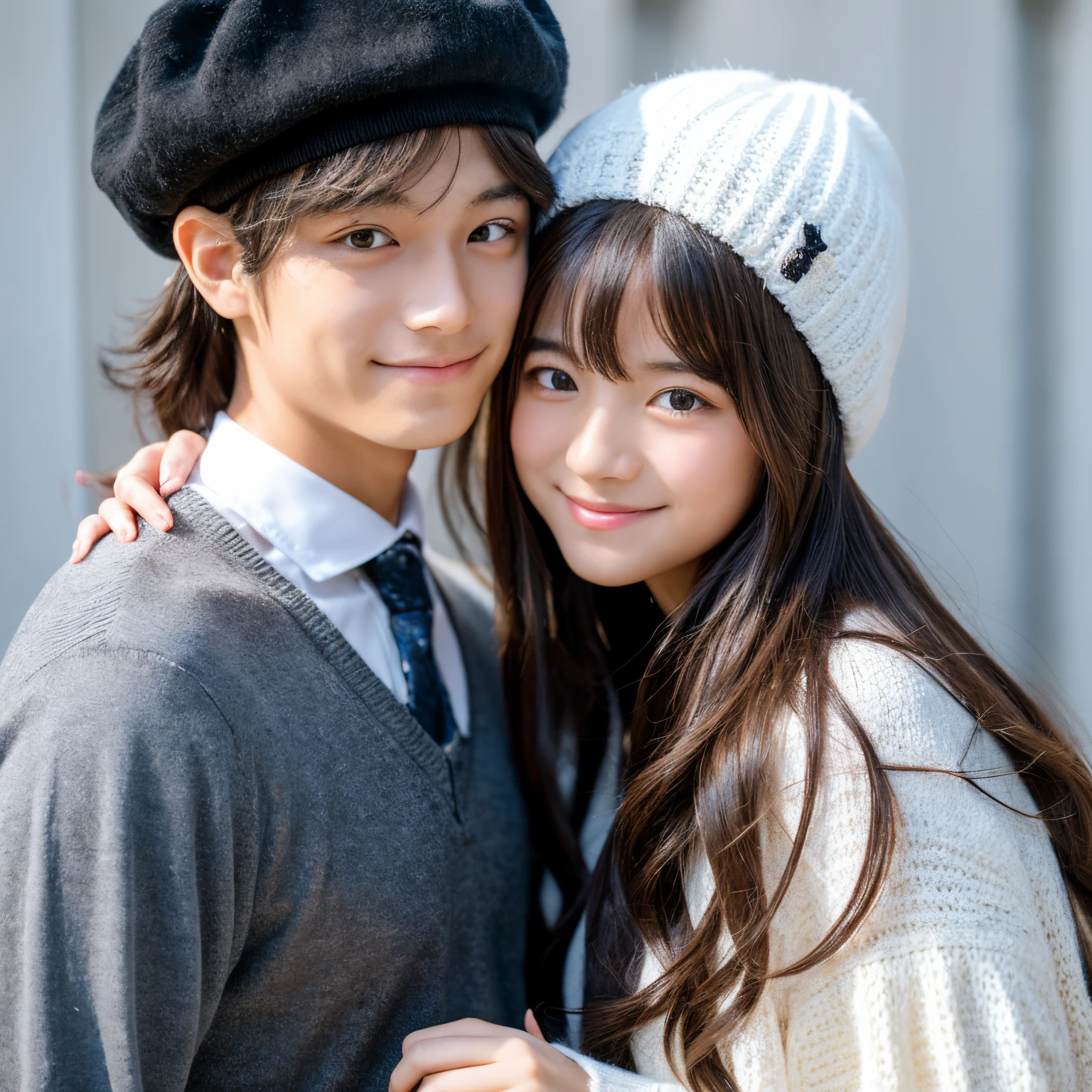 The background is white. The girl on the right has long hair., her hair curled, her bangs are long, she is not wearing a knitted hat、and she was wearing a black long sleeved dress。Pose of touching the cheek with the index finger of the right hand。The boy on the left is wearing a black knitted hat and long-sleeved plaid clothes., He is posing as he is touching the girl's cheek.
