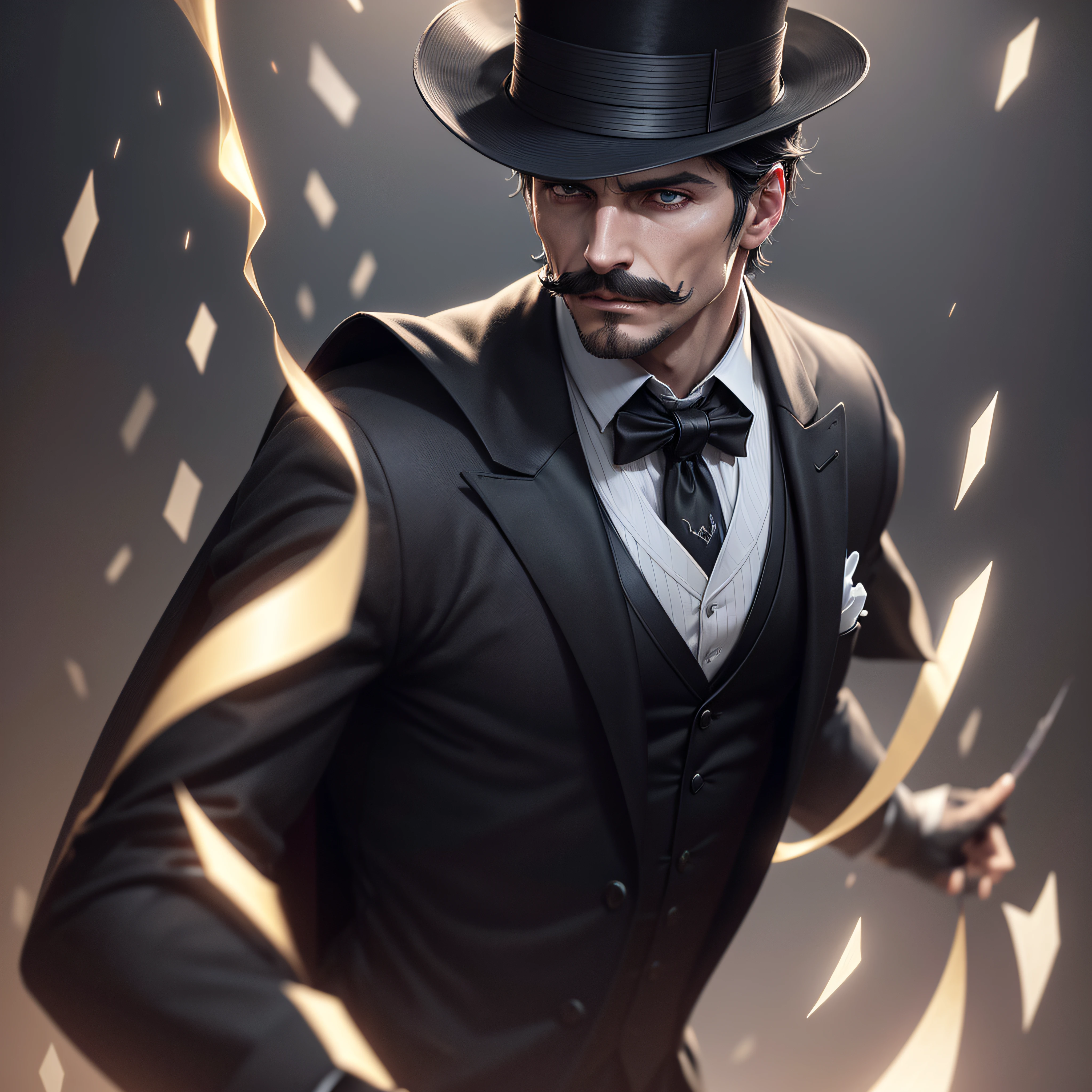 Male Magician in top hat, black suit, black cape, pencil thin mustache, photo-realistic, octane render, unreal engine, ultra-realistic