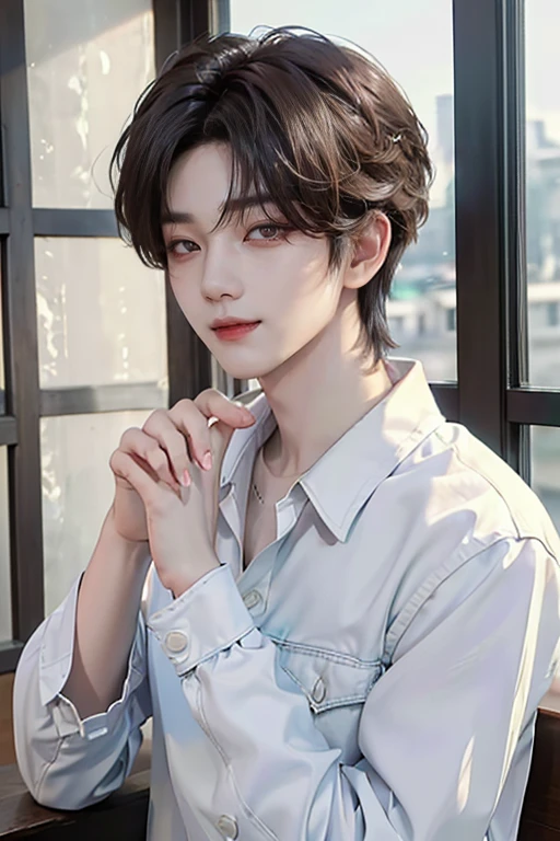 ((4K Portfolio))、master-piece、(最高品質)、((high image quality))、((Manly Boy.))、Slim body、((white denim shirt))、(detailed beautiful eyes)、windows、He looks like Jaewon from Ru Seraphim...、((Short hair above the ears...))、((Smaller faces))、((Neutral face))、((Light brown eyes))、((Korean Boys))、((20 age))、((Handsome Man))、((A smiling expression on his face...))、((Korean Makeup))、((The eyes are long and sharp...))((The background is a pub.))、((Photos of models))、professional foto、((Shoot alone...))、((Upper body photography))、((Pose style))