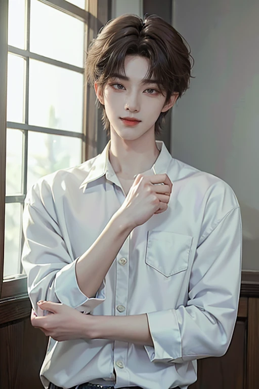 ((4K Portfolio))、master-piece、(最高品質)、((high image quality))、((Manly Boy.))、Slim body、((white denim shirt))、(detailed beautiful eyes)、windows、He looks like Jaewon from Ru Seraphim...、((Short hair above the ears...))、((Smaller faces))、((Neutral face))、((Light brown eyes))、((Korean Boys))、((20 age))、((Handsome Man))、((A smiling expression on his face...))、((Korean Makeup))、((The eyes are long and sharp...))((The background is a pub.))、((Photos of models))、professional foto、((Shoot alone...))、((Upper body photography))、((Pose style))
