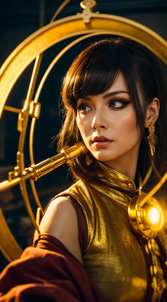 Realistic detail, photography, surreal image, Subject is women, beautiful face, 70s make up, subject is Master of mystic art, wearing Industrial Revolution age attire, living in cyberpunk age, wide perspective low angle view, holding an shining golden staff, dull attire colour,