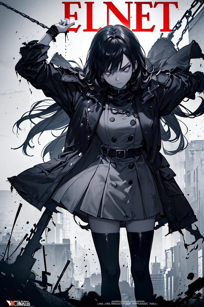 ((((Dramatic))), (((gritty))), (((Formidable))) Movie poster featuring a young woman as the main character. She stands confidently in the center of the poster, Wear stylish and edgy outfits, with a determined look on her face. The background is dark and grainy, with a sense of danger and intensity. Bold, attention-grabbing text, With a catchy tagline that adds to the overall sense of drama and excitement. Color palette with mainly dark colors sprinkled with bright colors, giving the poster a dynamic and visually striking appearance,Tachi-e