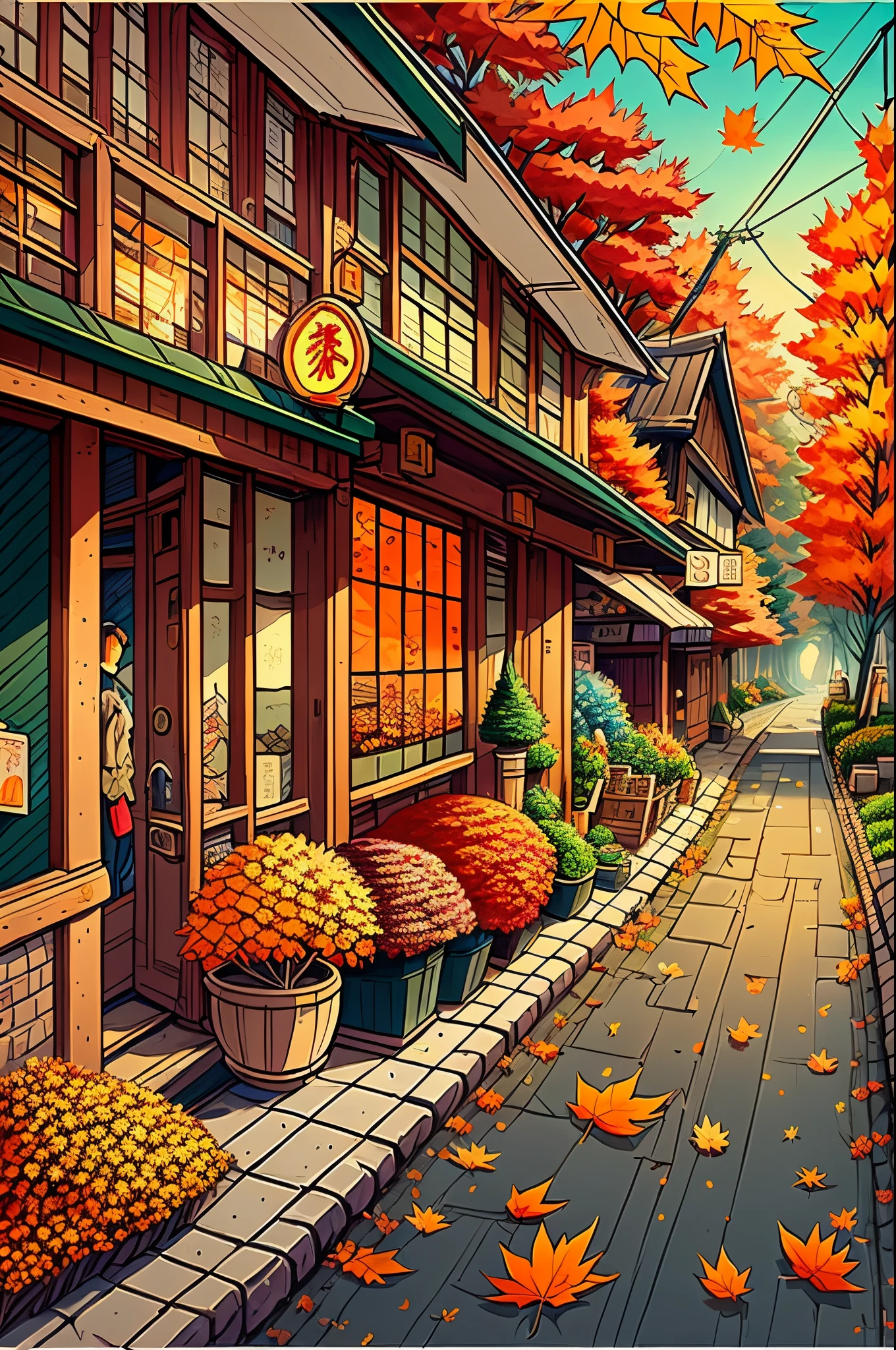 Drawing in the style of Hayao Miyazaki, this a Japanese grocery store with a strong autumn atmosphere. The store named Deep Autumn and adorned with maple leaves and flowers, standing on the street corner with an orange theme --auto --s2