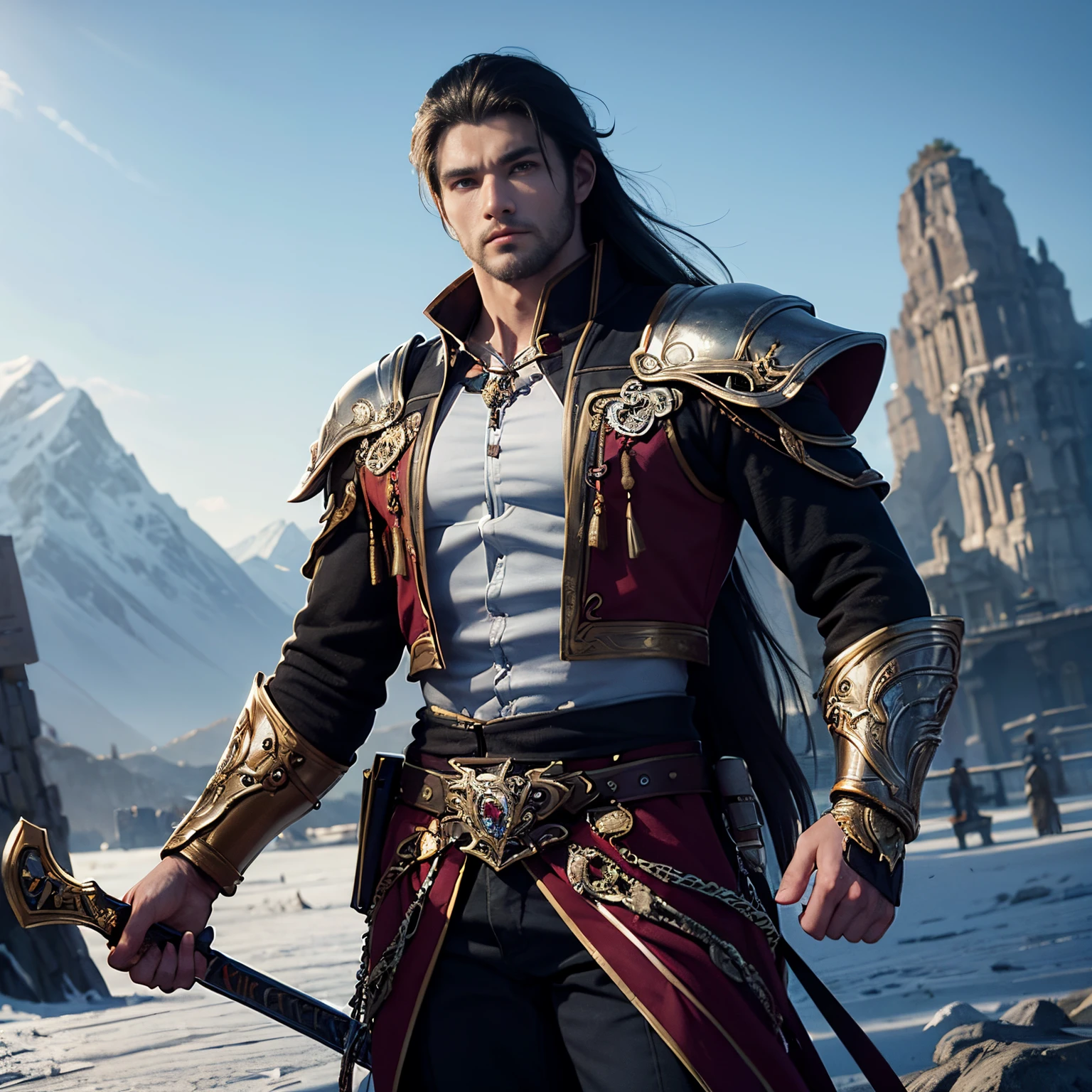 1male people、slender muscular body、Super beautiful man、超A high resolution、An ultra-high picture quality、8K、Wonderful expression with attention to detail、wearing silver western armor、Raise the sword in your hand々And bring up、Majestic mountain々mont々mont々A landscape of a highland with towering mountains、There#39;big dragon monster in the background