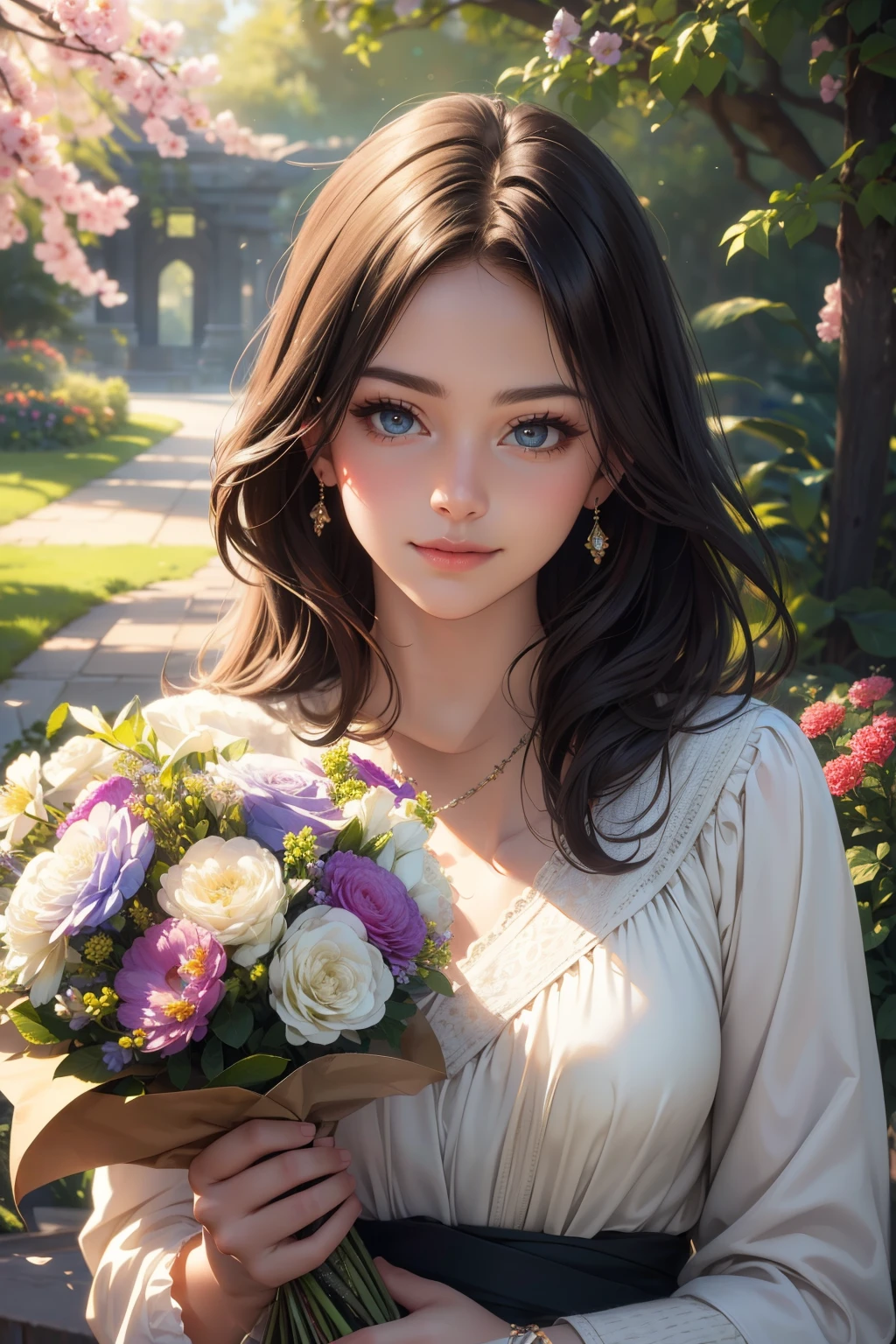 (medium:oil painting,classic)
(medium:oil painting,classic),beautiful detailed eyes,beautiful detailed lips,extremely detailed eyes and face,longeyelashes,(best quality,4k,8k,highres,masterpiece:1.2),ultra-detailed,(realistic,photorealistic,photo-realistic:1.37),smiling girl,wearing a traditional dress,holding a bouquet of flowers,posing in front of a scenic garden backdrop,with soft sunlight illuminating her face and surroundings,enhancing the colors and casting gentle shadows.