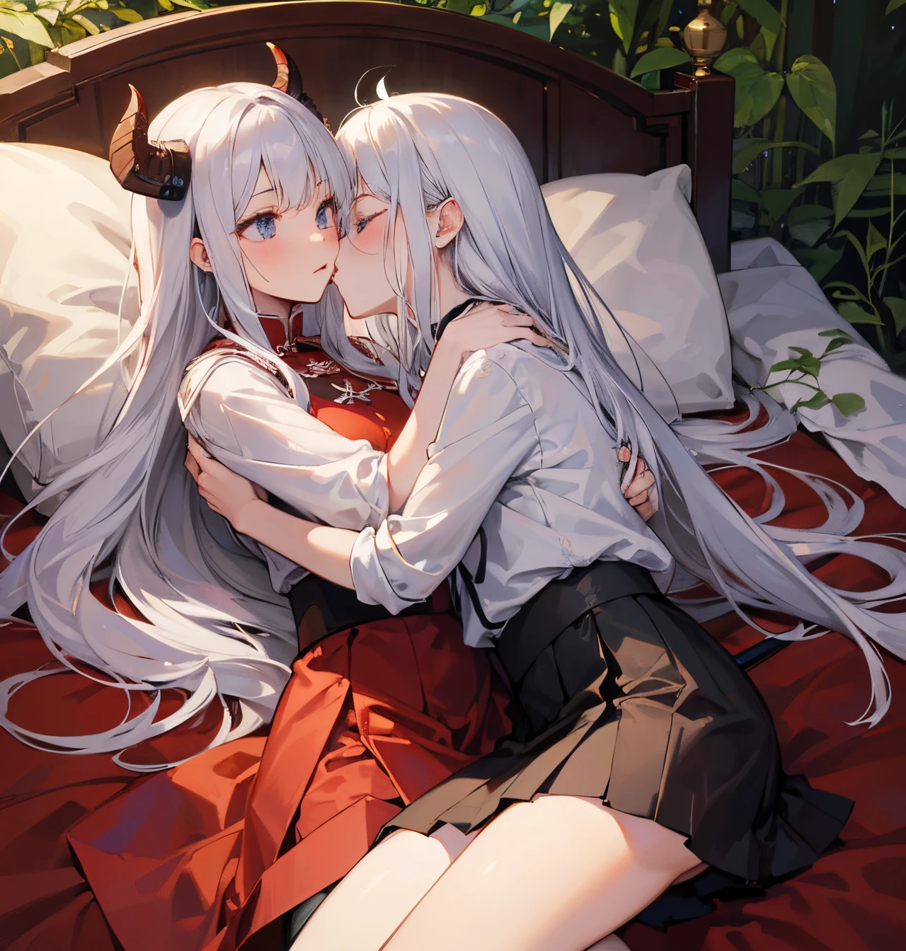 Chinoiserie In the woods, long white hair, beautiful maiden, legendary samurai, wearing a white shirt, wearing a short skirt, wearing black stockings, holding a holy sword, lying on the bed and kissing the demon king