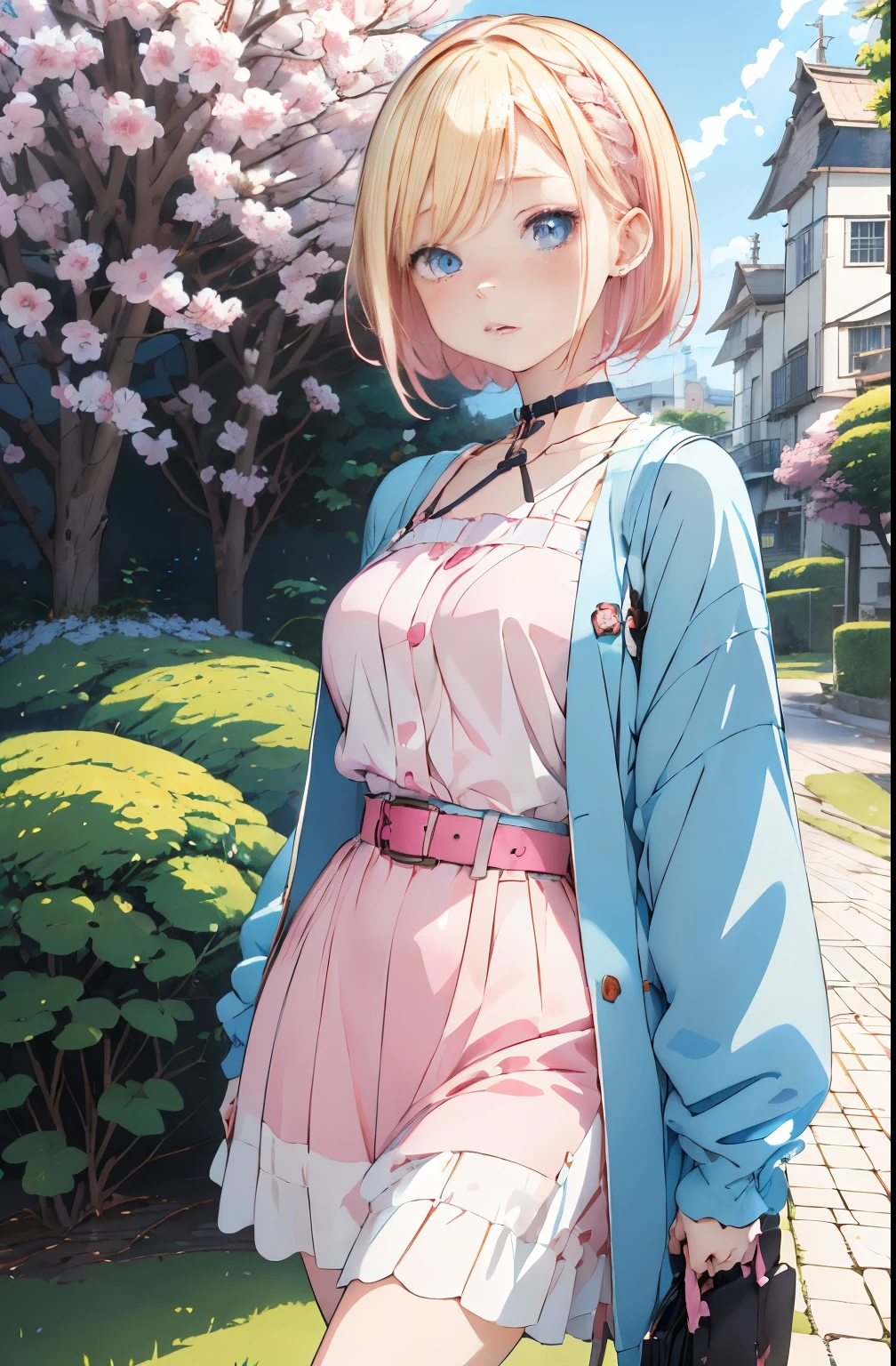 (masutepiece, Best Quality) Detailed, 1character , Blue Archive Art Style , wearing a blue jacket, Pink belt , Outfits inspired by BLACKPINK, croptop,stunning woman , Short hair , Blonde hair , Orange Eyes , no pupils , Pink lips , pale skin , 26 years old,
, pastel color fading , Cell shade ,