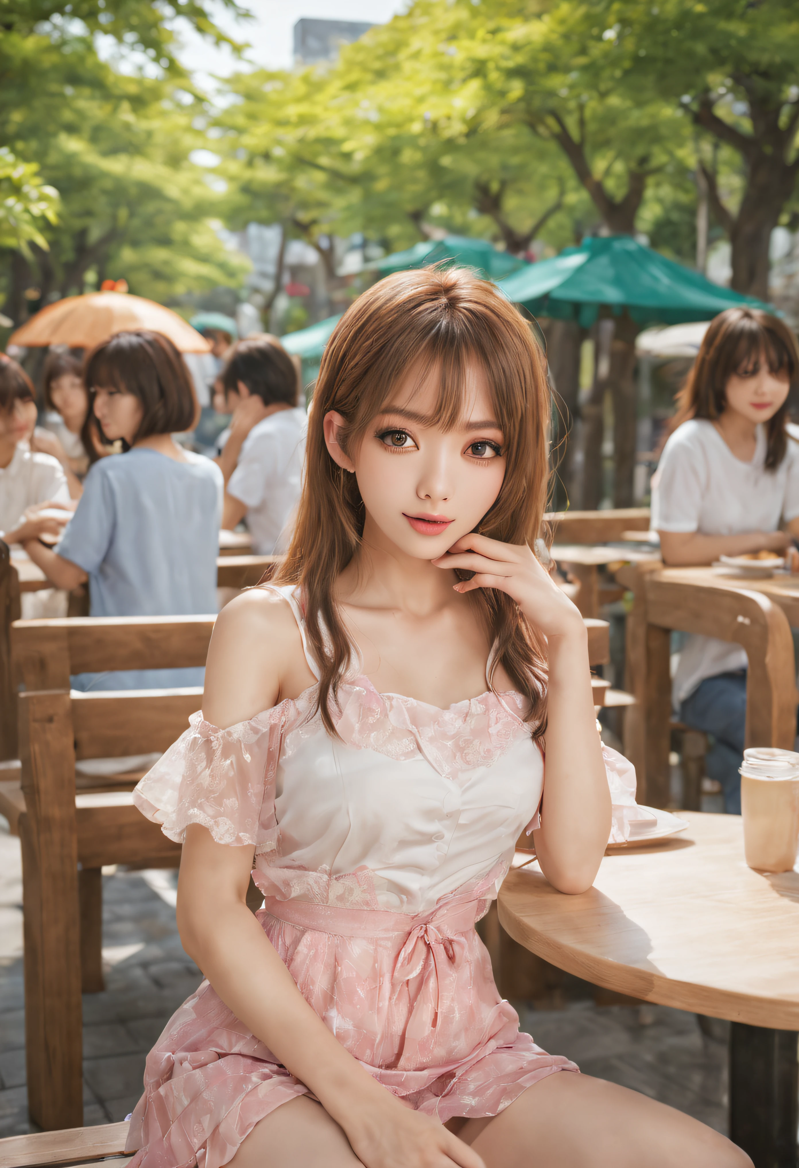 On a table, Best quality at best, Lighting, ultra - detailed, Detailed pubic hair, A high resolution, 8k wallpaper, Perfect dynamic composition, beautidful eyes, Summer of Ladies,Medium hair,Natural lip color,ssmile,Harajuku、20岁女孩、Cute big breasts、Look at the lens of the lens、Depth of subject、filmgrain、Ilford HP5、clean clothing