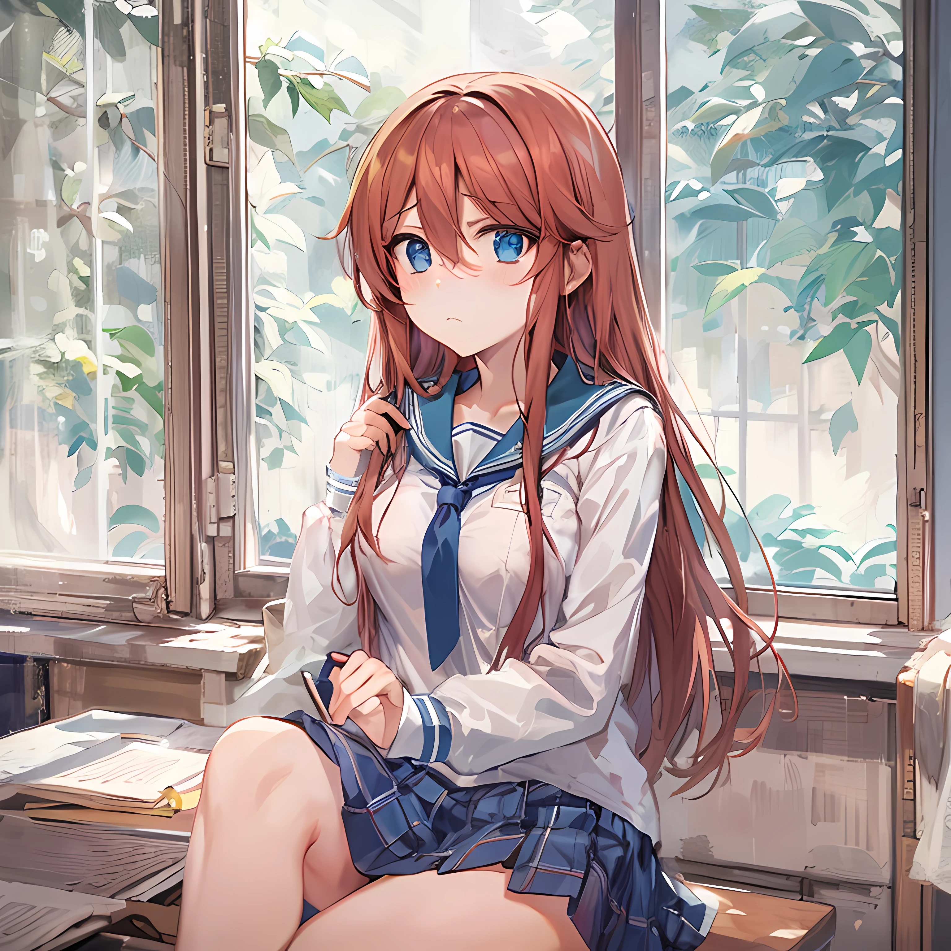 (high quality) Single anime girl, long auburn hair, b cup boobs, blue and white school uniform, melancholic frown, siting in class at the window