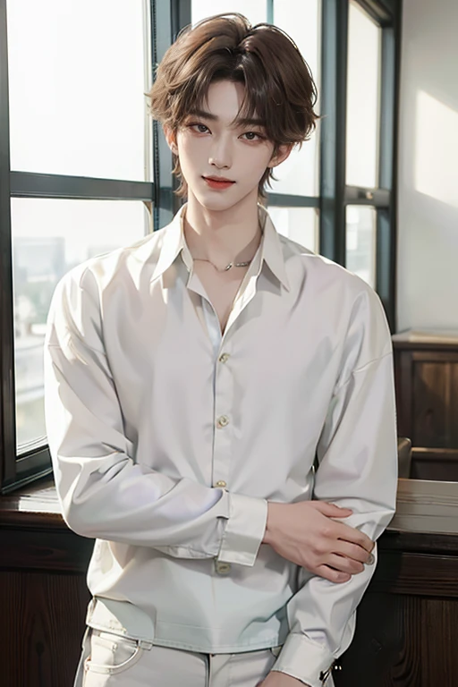 ((4K Portfolio))、master-piece、(最高品質)、((high image quality))、((Manly Girl))、Slim body、((white jeans shirt))、(detailed beautiful eyes)、windows、He looks like Jaewon from Ru Seraphim....、((Short hair above the ears....))、((Smaller faces))、((Neutral face))、((Light brown eyes))、((Korean Boys))、((20 age))、((Handsome Man))、((A smiling expression on his face....))、((Korean Makeup))、((The eyes are long and sharp....))((The background is a pub..))、((Photos of models))、professional foto、((Shoot alone....))、((Upper body photography))、((Pose style))