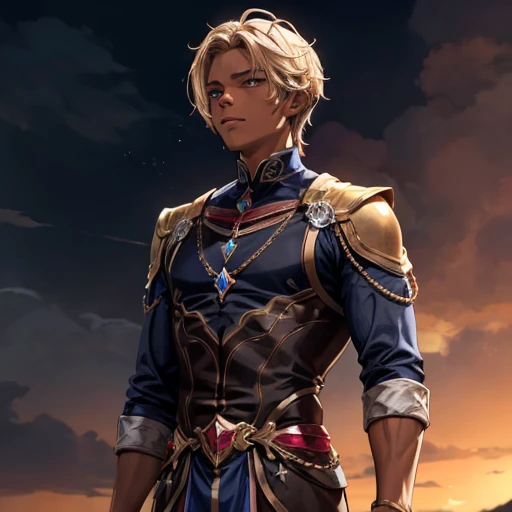 darker face, one male, brown skin, sandy blonde hair, blue eyes, gazing into the distance],medium: fantasy,vivid colors, brightly colored outfit, ruby, sapphires