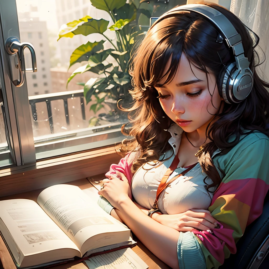 Amelia found herself nestled by the window, the gentle glow of the afternoon sun casting a warm embrace around her. The rhythmic patter of raindrops danced on the glass, creating a soothing melody that complemented the music flowing through her headphones. With each note, she immersed herself deeper into the world of her studies, the pages of her textbooks turning as her mind harmonized with the tunes. --auto --s2