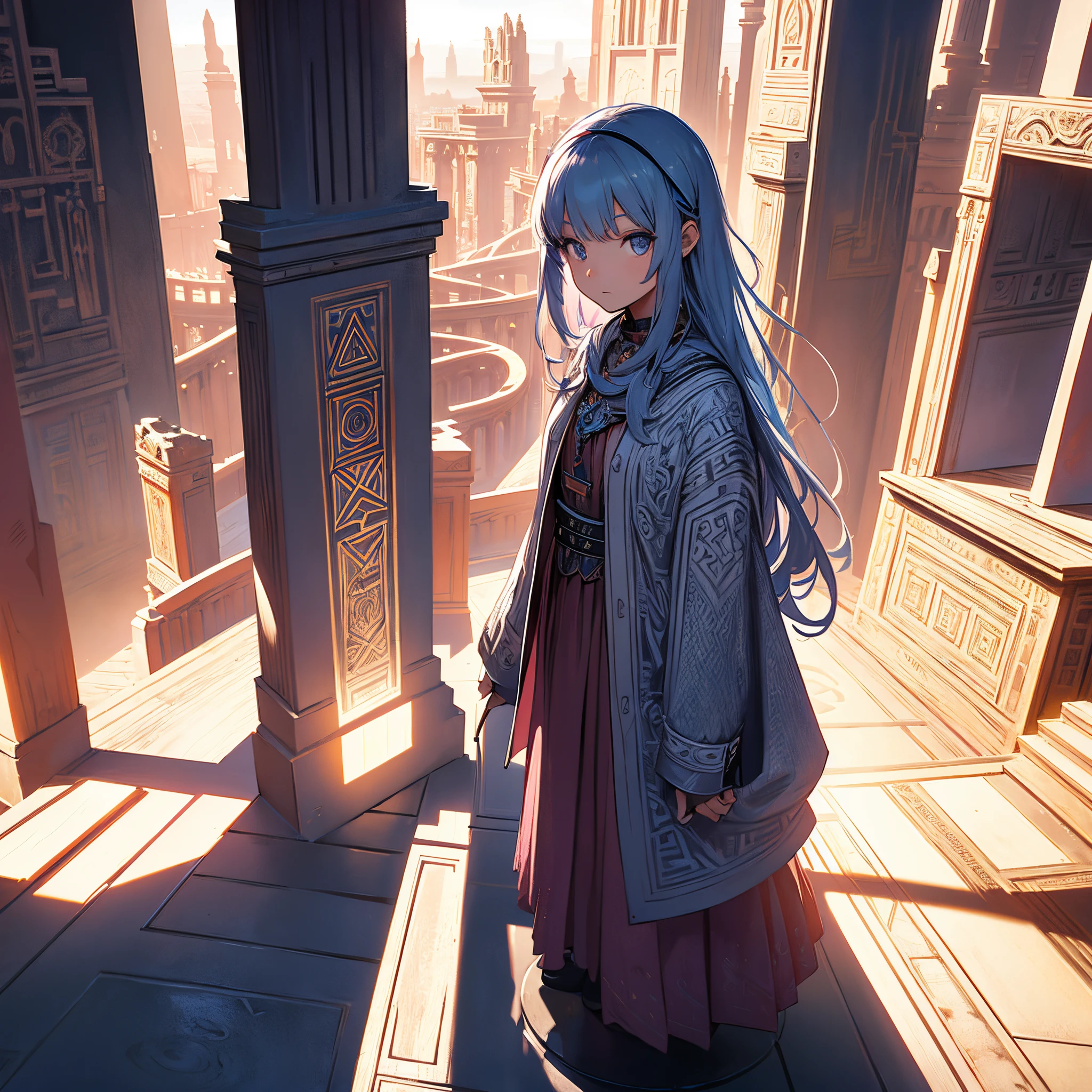 1B girl,In Monument Valley,magic castle labyrinth,little girl looking for lost treasure,geometric space,Regular three-dimensional pattern without order,ancient totem pole,tall monument,complicated stairs,Pink space