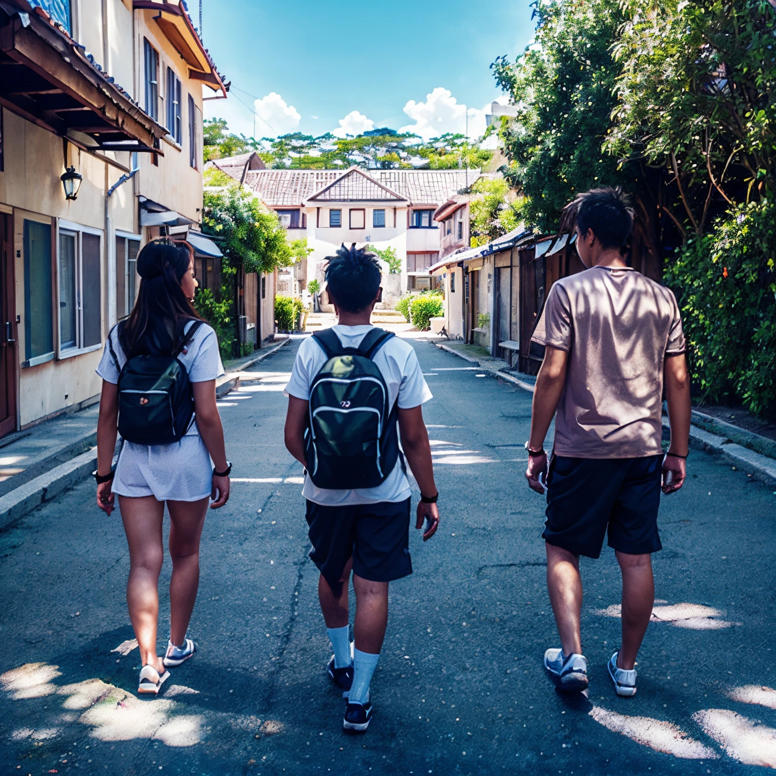 3boys, anime, 2girls,anime,traveling, island,((masterpiece))