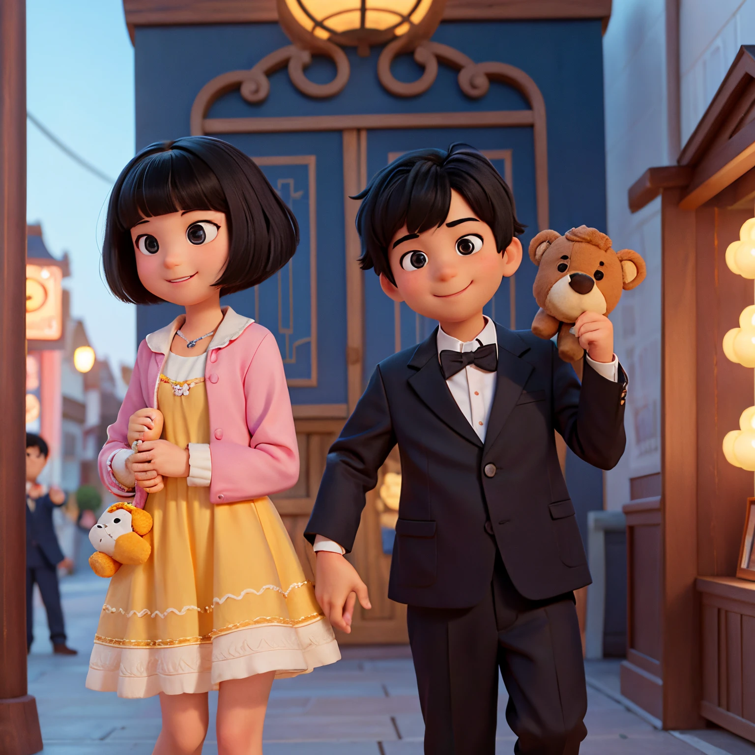 Disney Pixar poster with a girl and a boy smiling arm in arm in a photo booth on white background, Holding a teddy bear in the middle..。The girl on the left has medium black hair with bangs.。.、Dressed in black。.。The boy on the right has black hair with heavy bangs....、Wearing a blazer uniform。.。