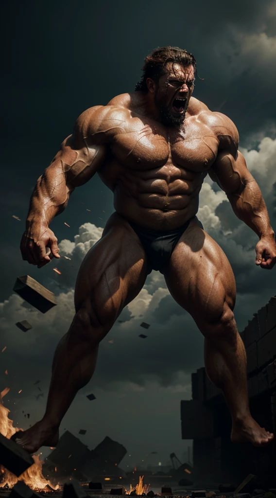 Demi god, mighty strength, unreal size, going berserk, realistic detail art work, photography, full body, horror, high definition, chaos, hard wind,