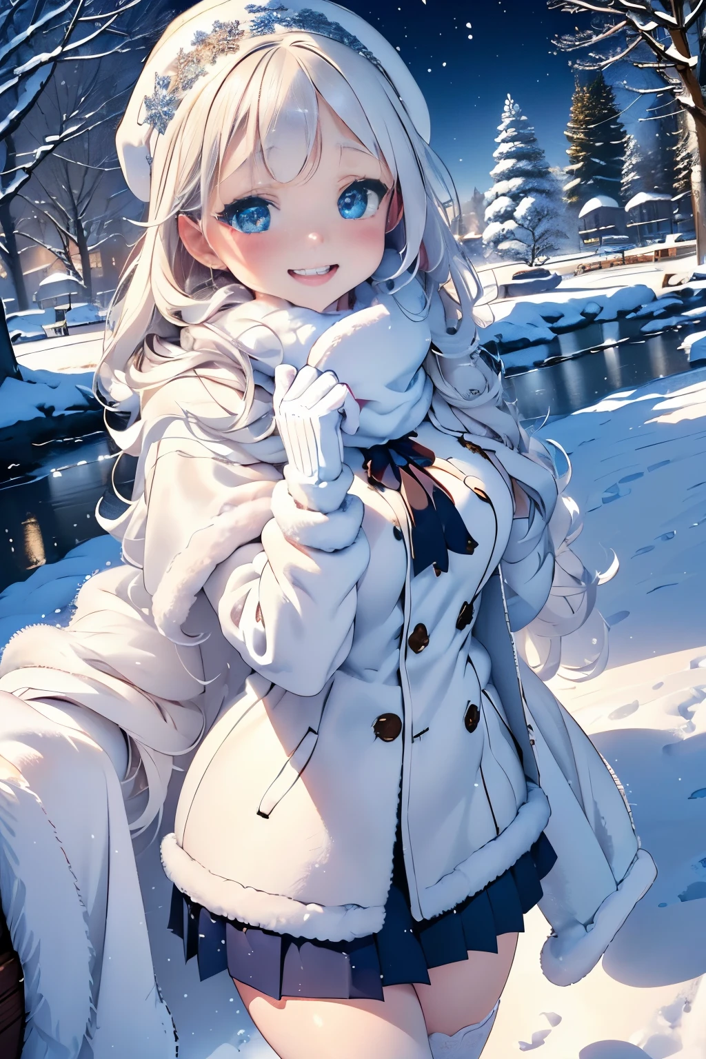 (Best Quality,4K,hight resolution,masutepiece:1.2),Ultra-detailed,Realistic,(nffsw,nhusar,beige fluffy coat,beige wool gloves,Navy blue mini pleated skirt,Snow,Smiling,eyecontact,Portraits,Vivid colors,Winter scene,Soft lighting,Delicate snowflakes,Cheerful expression,playful pose,Fun atmosphere,Happy Vibes,Frosty breath,Blushing cheeks,rosy nose,Warm atmosphere,cozy winter fashion,soft winter light,mysterious winter night,Pure white snowscape,snowflakes dancing in the air,Sparkling snow,beautiful winter fashion,effortlessly chic style,fun snowball fight,icy cold weather,Crisp winter air,child-like innocence,curiosity in her eyes,Smiling eyes,fluffy snowflakes,A dreamy winter wonderland,winter magic,cute moments,Adorable costumes,pleasant winter day,joyous laughter,Dreamy smile.thighs thighs thighs thighs