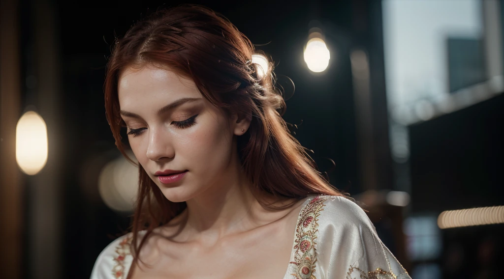 beautiful,slavic woman,young girl ,slavic look,folk clothes,blurry background,red hair,heavy make up,pink lipstick,Polish,4k,pale skin,highly detailed skin, reflective eyes, seductive, epic,ultra detailed and intricate background, highly detailed, hyperornate details,volumetric lighting , cinematic, octane render, unreal engine, hyperrealistic, photorealistic, photo realism, modelshoot style, depth of field, professional photography, professional DSLR camera, muted colors, Tungsten lights, UHD,HDR,outsite,one girl,looking up,smiling,eyes closed