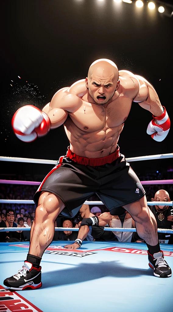 a muscular man in a boxing ring, strong and determined, exuding confidence, with sweat glistening off his body, showcasing his physical strength, flexible and agile movements, throwing powerful punches, wearing boxing gloves, focused and intensively training, surrounded by cheering fans and bright lights, capturing the intensity and energy of the moment, in black and white photography, with dramatic shadows and high contrast, emphasizing the raw power and emotions, a masterpiece in high resolution portraying the art of boxing and the determination of Dwayne Johnson.