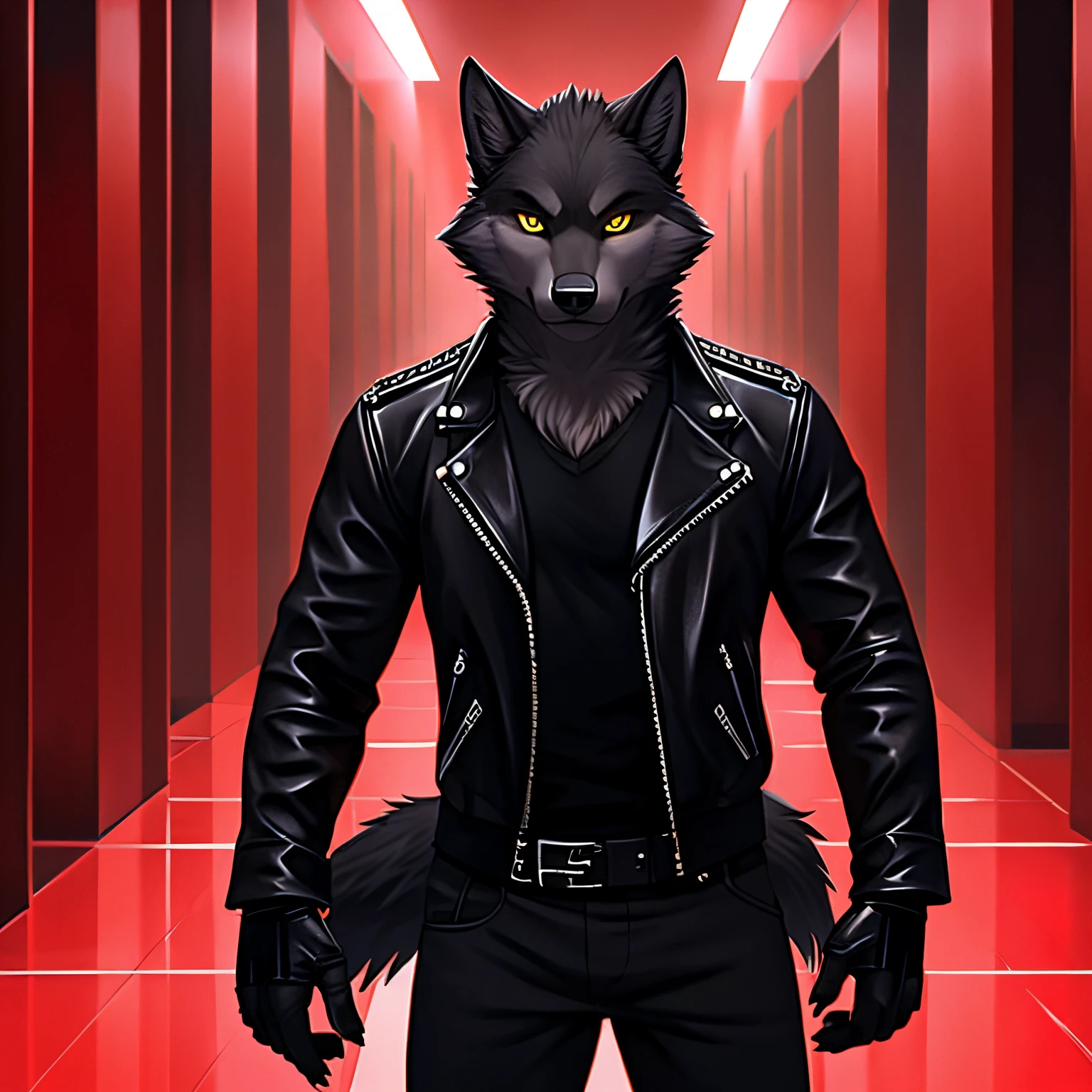 A male wolf furry with black fur, and yellow eyes. He is wearing a black biker jacket, grey shirt, black pants and black fingerless gloves. He is standing in a red hallway