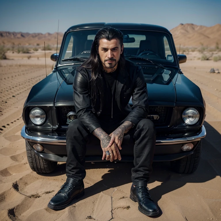 men gangster with tattoos, evil smile, blue eye, cruel, black mustang, sitting on desert, black pant, black earing, long hair , no nobeard, no west and dress, a ump in right hand holding up firing, front view, black shoe