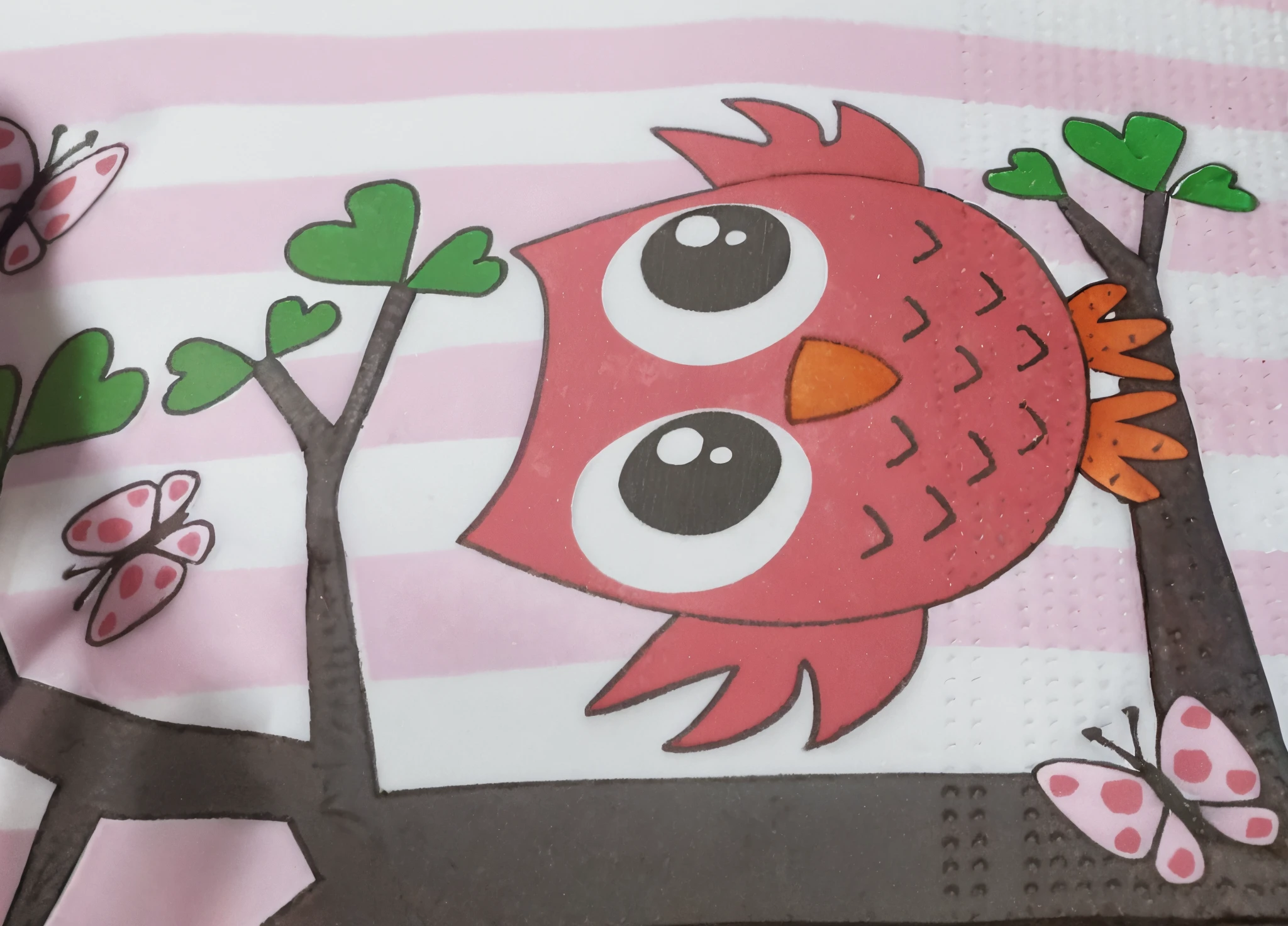 there a pink owl sitting on a tree branch with butterflies, added detail, high detailed print, graphic detail, print ready, close - up view, close-up view, owl princess with crown, cute owl, closeup!!, high-detail, high - detail, full subject shown in photo, extra detail, highly detail, wide portrait, middle close up