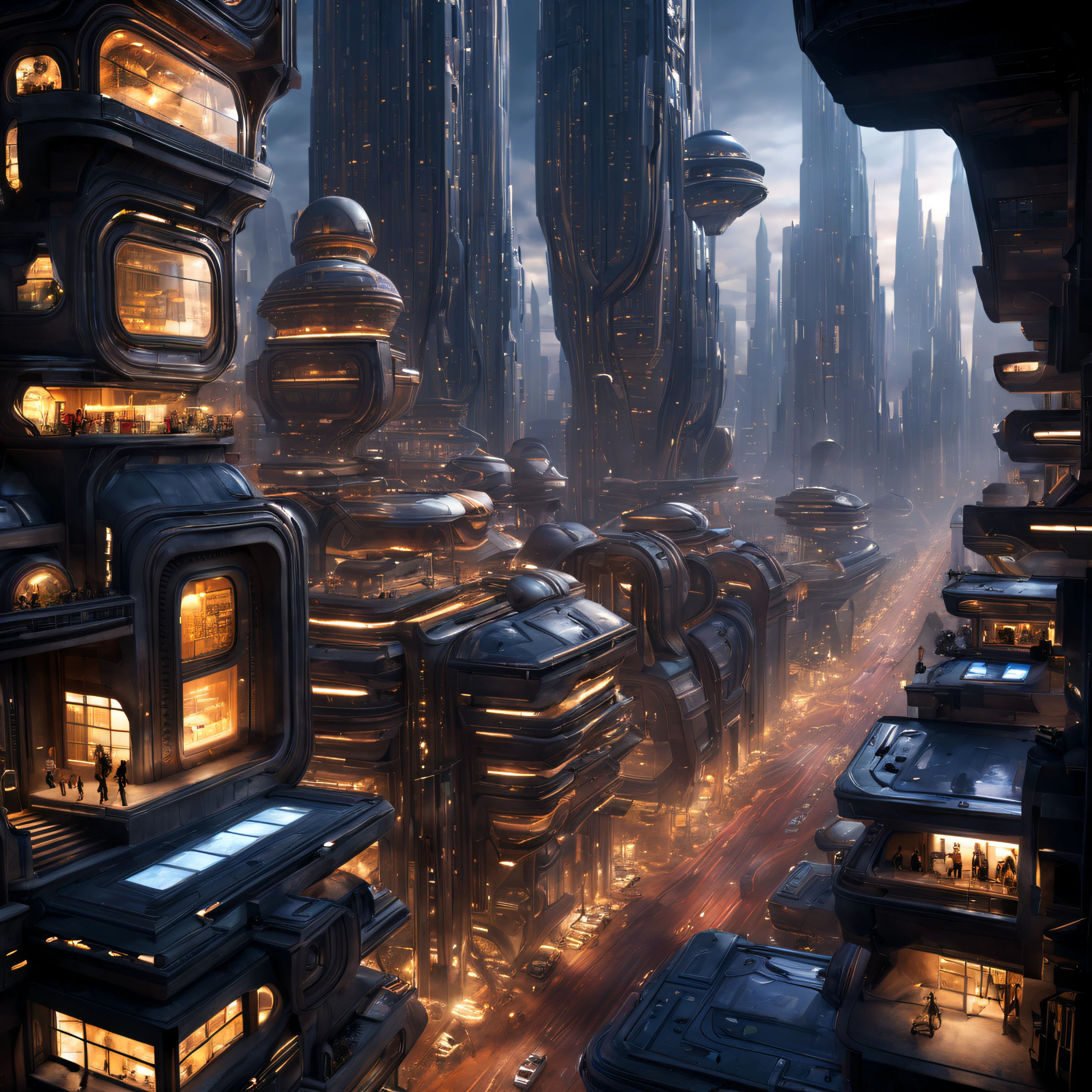 (The city of Coruscant from Star Wars as designed by Doug Chiang), futuristic fantasy city with immense buildings of technological design (que forman una avenida infinita), edificios compactor no difuminados con aspecto metalico, luces en ventanas en edificios, iluminacion diurna con sol, con estructuras acristaladas espectaculares, (con colores vivos). pavimento ensolado (sin brillo). gente paseando. imagen bien definida con muchos edificios juntos. imagen nitida bien definida 8k. los edificios llegan alta el fondo.,8k. imagen cinematografica