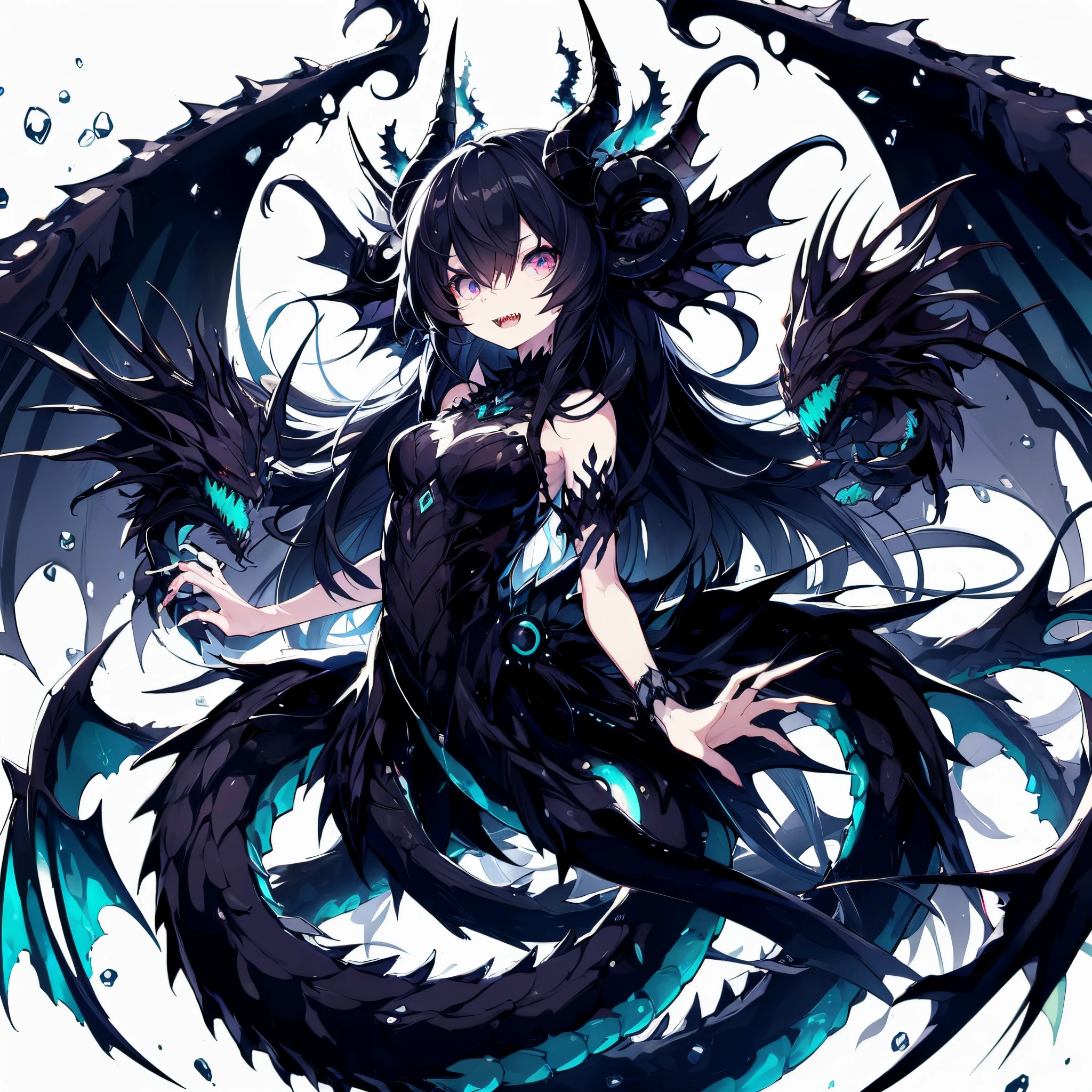 charybdis. Female Dragon. deep sea fish element. mesukemo. black body. Stinging. sharp teeth. Luminous. luminescent organ. Tentacles. anime style.