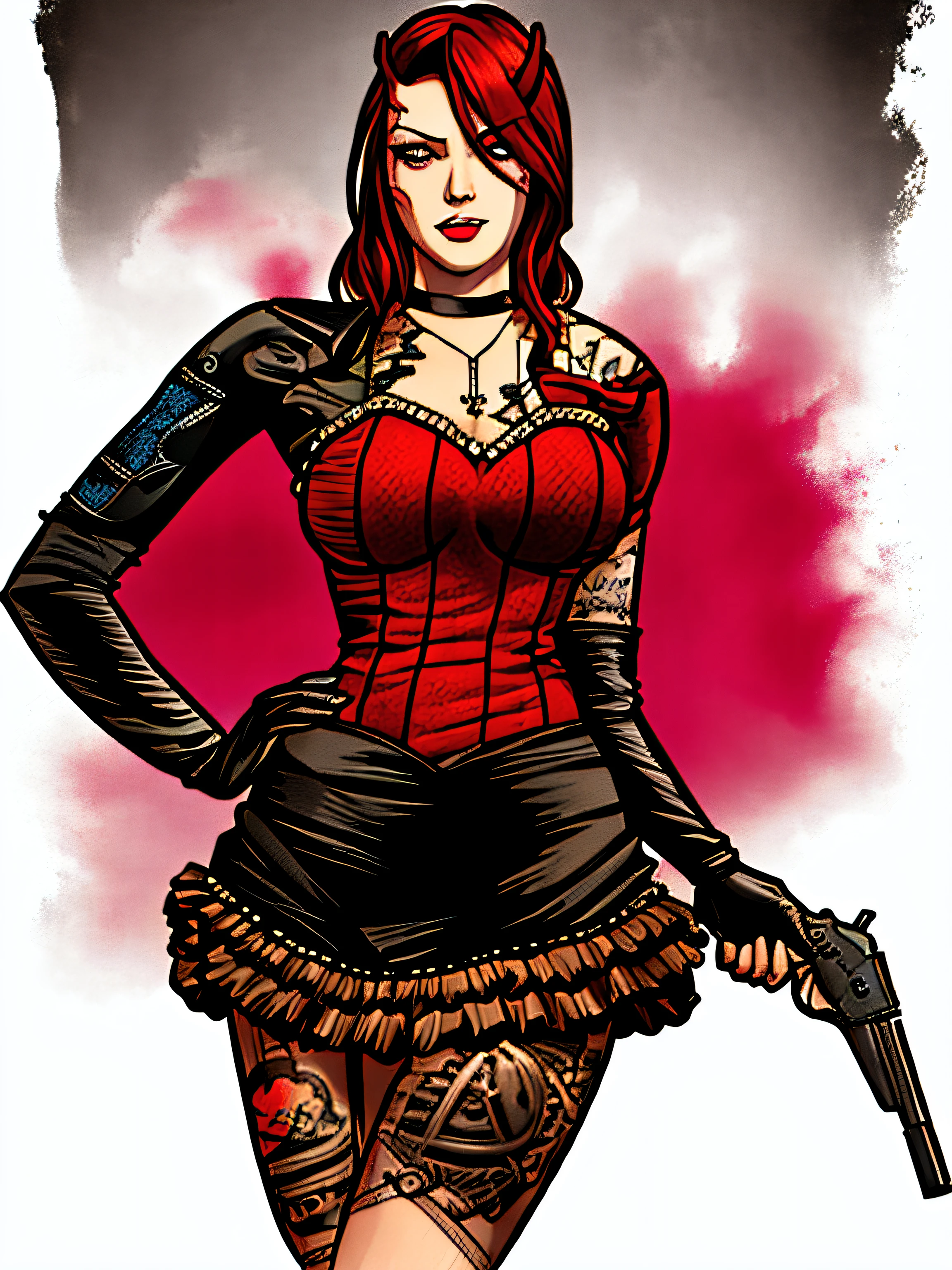 a woman with a gun and a tattoo on her arm, steampunk pin-up , diesel punk female, steampunk mulher anime bonita, meninapunk, com tinta e cor, estilo Bioshock Arte Pop, em vestido steampunk detalhado, dieselpunk soldado menina, ciboteampunk ocidental, detailed steampunk illustration, Bioshock Arte Pop, inspirado em Chica Macnab, uma deusa steampunk bonita, red hair, cabelos vermelhos cacheado, sucubus com chifres, vestido preto e vermelho
