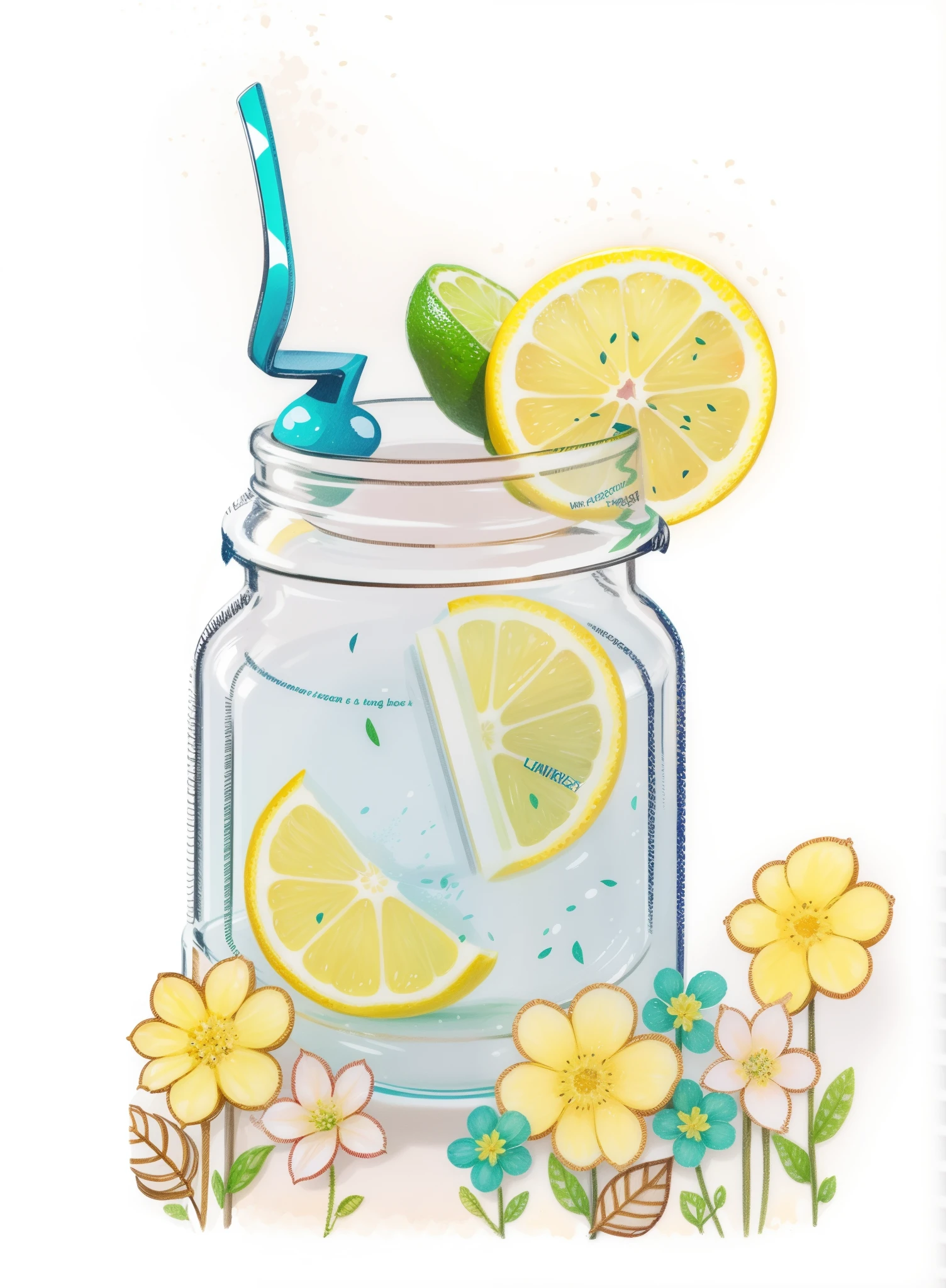 a close-up of a jar of lemonade with a spoon and lemon slices, commercial illustration, 🐿🍸🍋, limonada, digital illustation, detailed digital illustration, mixed media style illustration, full-colour illustration, ilustrado em estilo caprichoso, digital illustation, full-page illustration, hand drawn illustration, feito com ilustrador, color digital illustration, lemon light, mixed media illustration